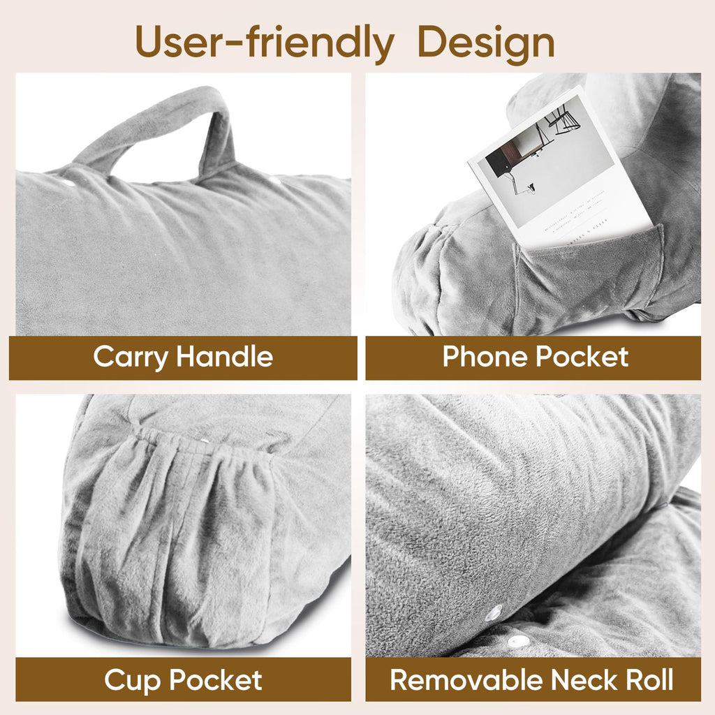 OAISZ Reading Pillow for Sitting in Bed Adult, Reading Pillow with Shredded Memory Foam, Bed Pillow with Washable Cover, Back Pillow Sitting Up with Extend Arms, Beige, X-Large