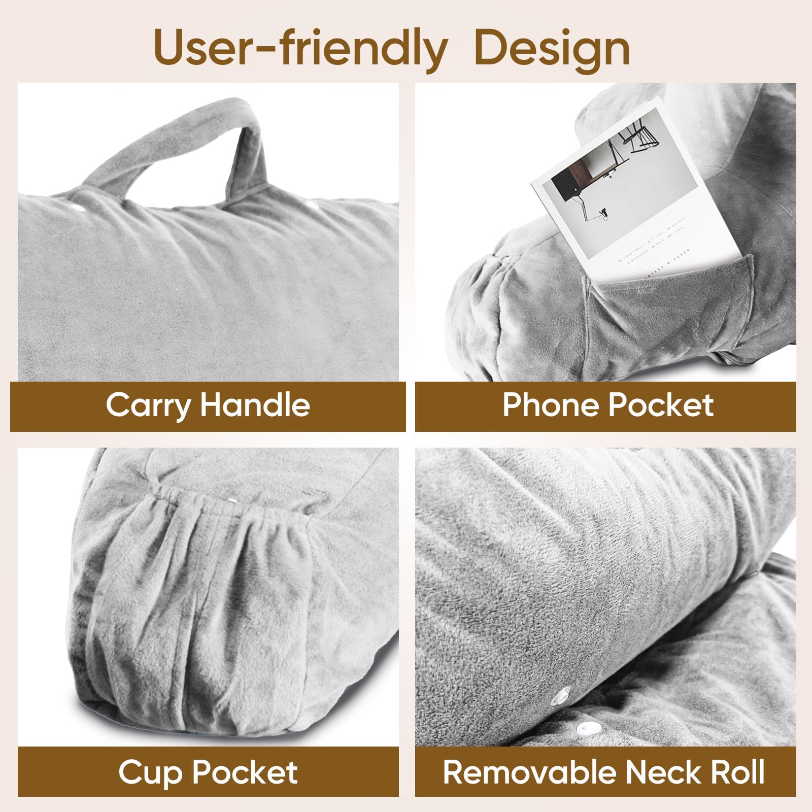 OAISZ Reading Pillow for Sitting in Bed Adult, Reading Pillow with Shredded Memory Foam, Bed Pillow with Washable Cover, Back Pillow Sitting Up with Extend Arms, Beige, X-Large