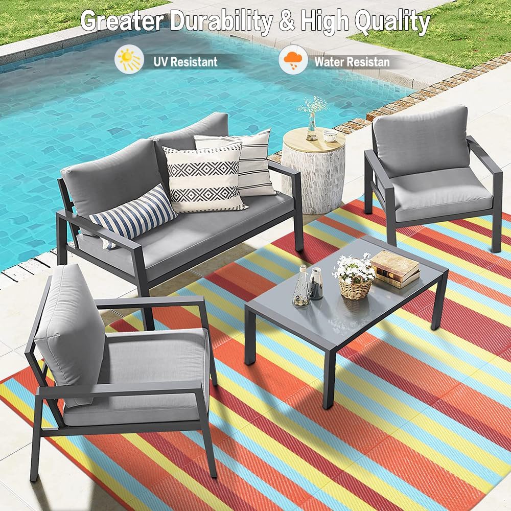 HUGEAR Outdoor Patio Rug 3'x5' Waterproof Outside Area Rugs Blue Reversible Plastic Straw Carpet for RV Deck Camping Entryance Porch Picnic Balcony Beach
