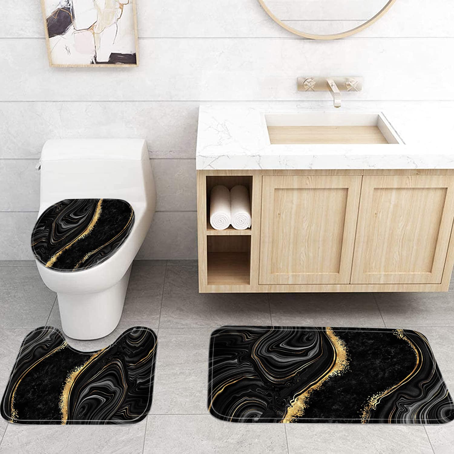 Nkzply 4 Pcs Black Marble Shower Curtain Sets with Rugs Gold Bathroom Sets with Shower Curtain and Rugs Modern Abstract Bathroom Decor Accessories Shower Curtains for Bathroom Toilet Lid Cover