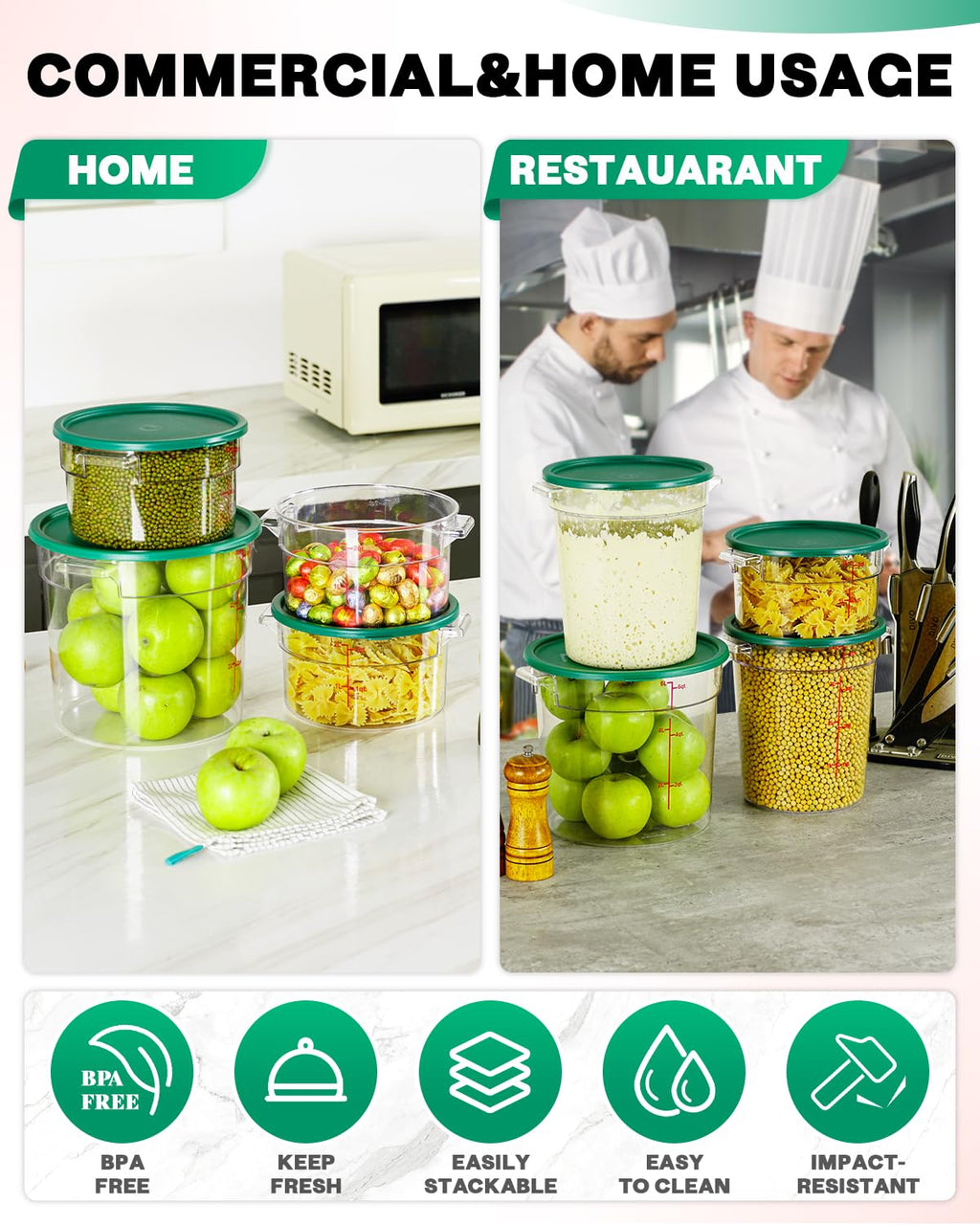 4QT NSF Food Storage Containers: 8 PCS [Food Grade][Hot&Cold Resistant] Commercial Clear Food Storage Containers with Lids for Restaurant Kitchen Proof Dough, Measuring Spoons Included(BPA FREE)