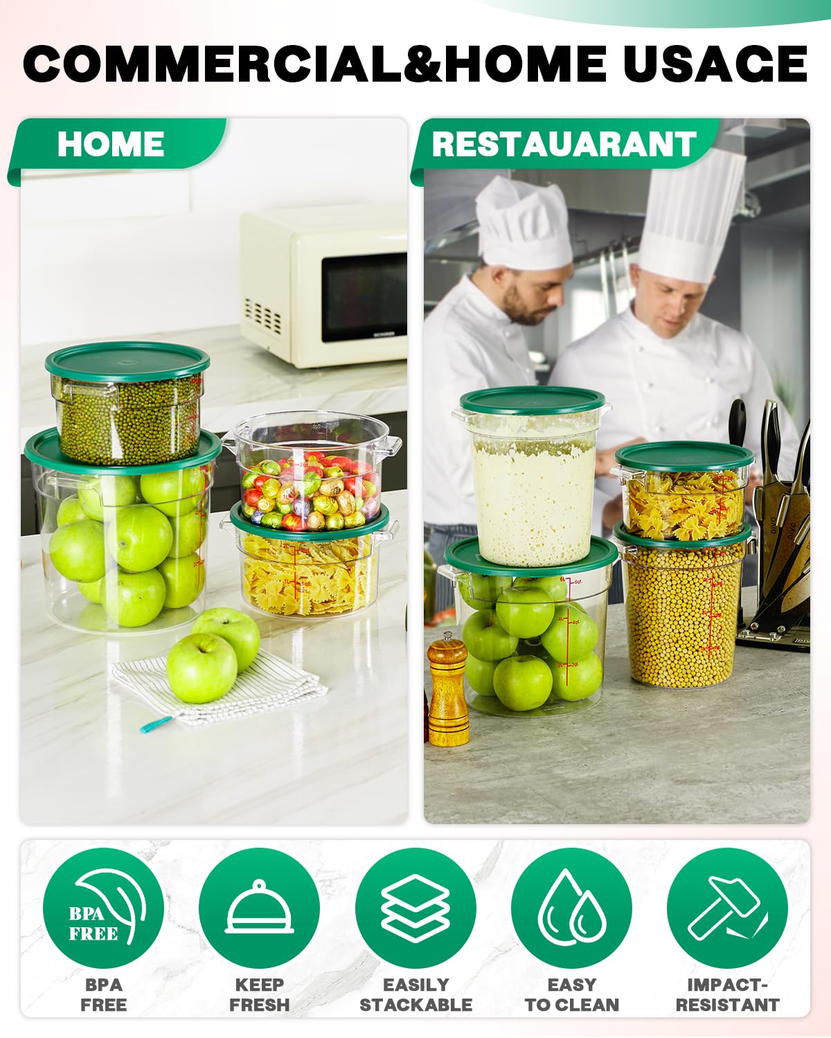 4QT NSF Food Storage Containers: 8 PCS [Food Grade][Hot&Cold Resistant] Commercial Clear Food Storage Containers with Lids for Restaurant Kitchen Proof Dough, Measuring Spoons Included(BPA FREE)