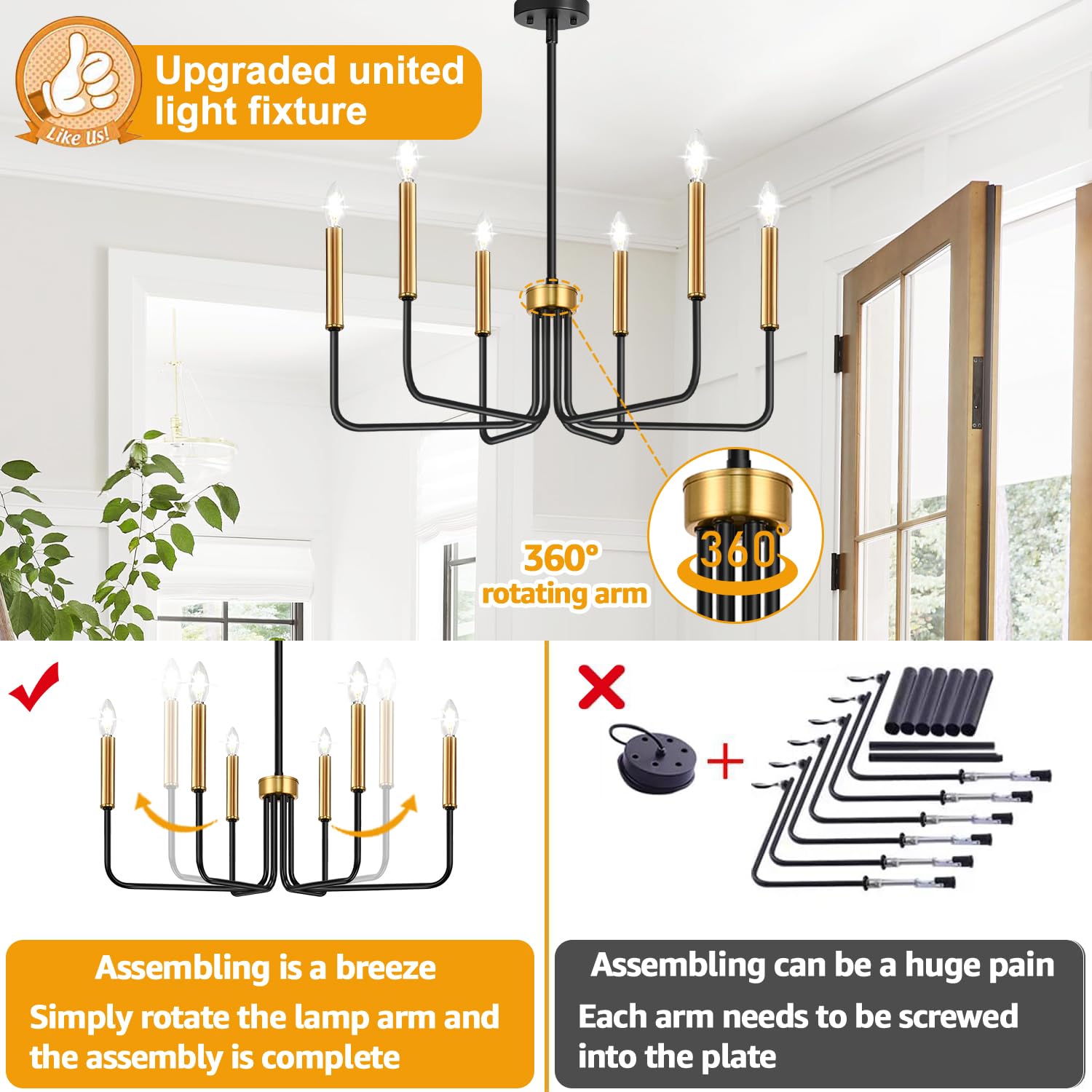 Rustic Black Chandelier, 6-Light Antique Farmhouse Chandelier for Dining Room Lighting Fixtures, Vintage Candle Pendant Light Fixtures Chandeliers for Dining Room Bedroom, Foyer and Living Room