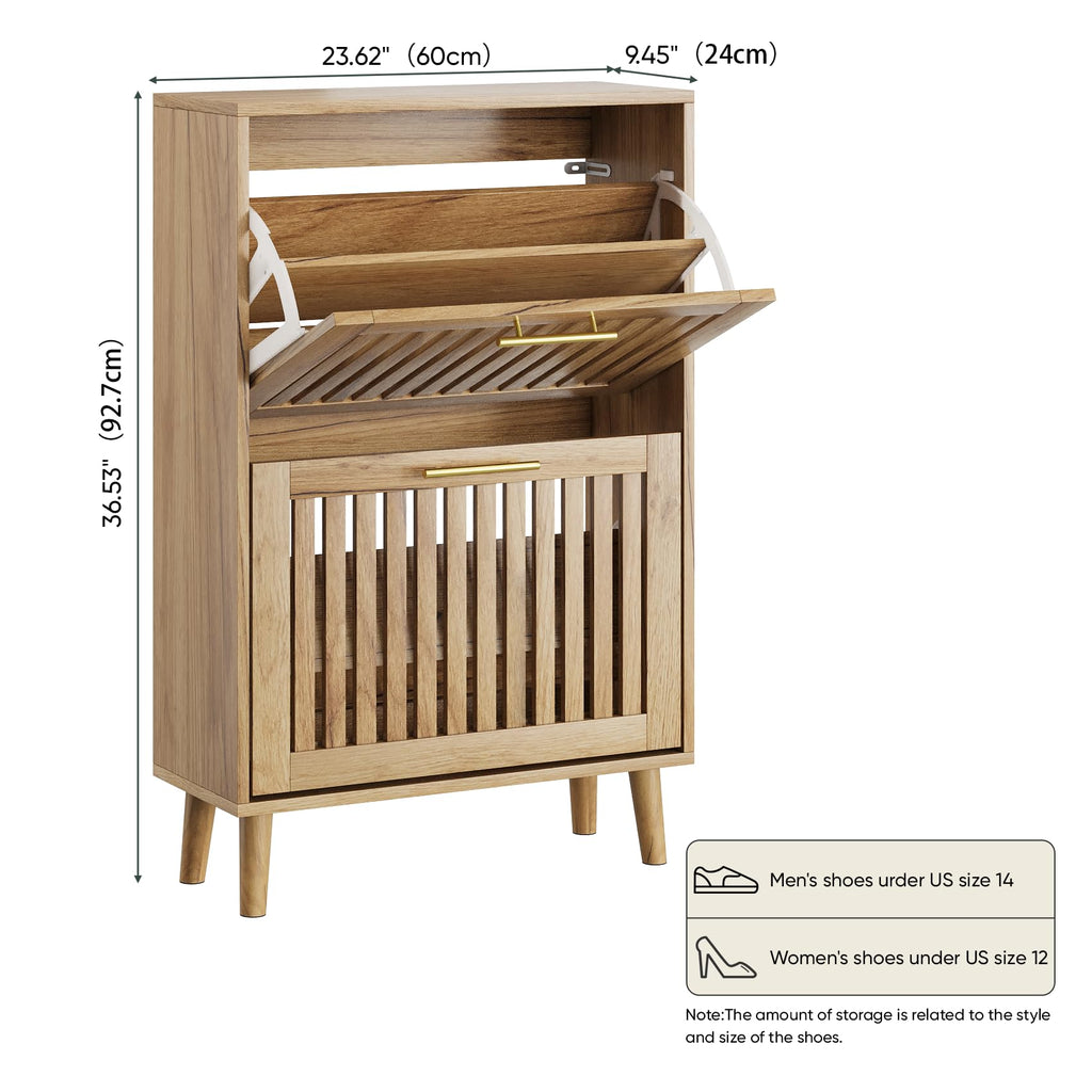 Smart FENDEE Shoe Cabinet with 2 Flip Slatted Drawers, Farmhouse Slim Shoe Organizer Rack with Golden Handles, Freestanding Hidden Entryway Storage for Hallway, Natural