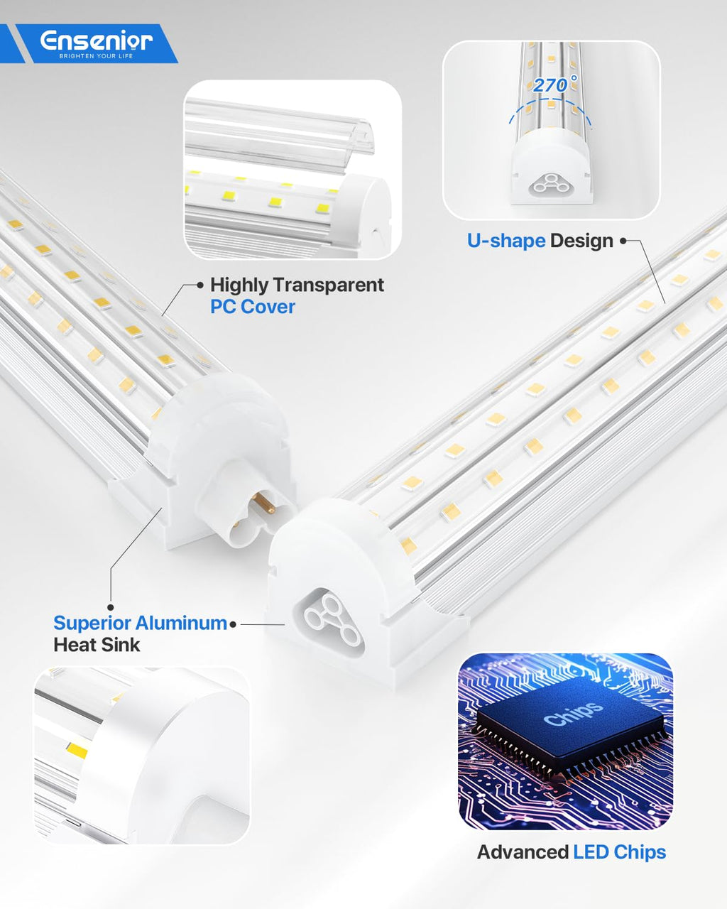 Ensenior 4FT LED Shop Lights - 5000LM 6000K Ultra Bright Daylight, T8 Commercial Bay Lighting, LED Lights for Garage/Shop/Basement, 36W (139 LM/W), Linkable, Plug & Play, ETL & FCC Certified, 4 Pack