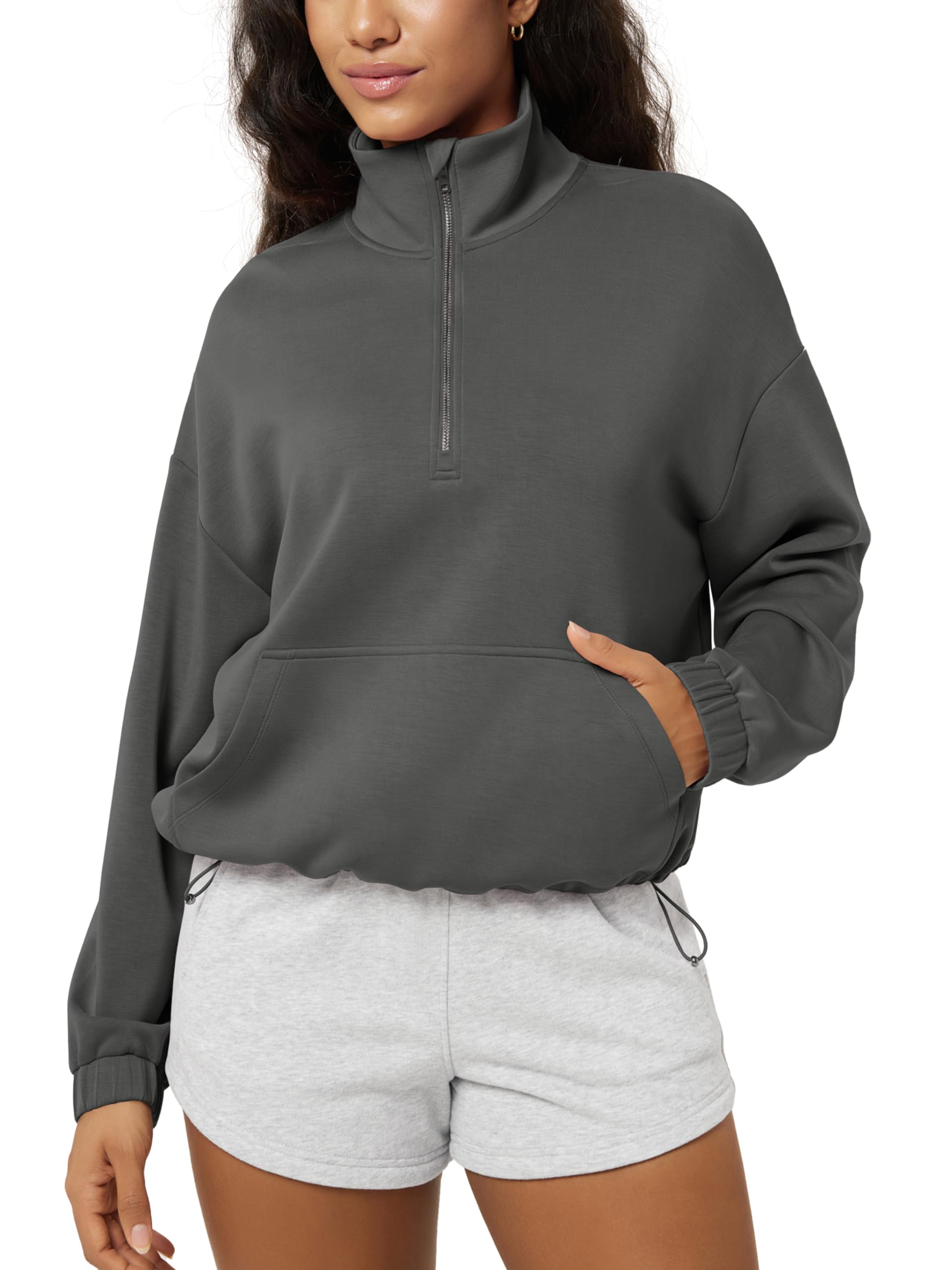 ODODOS Women's Modal Soft Cinchable Sweatshirts Half Zipper Funnel Neck Oversize Pullover with Pockets