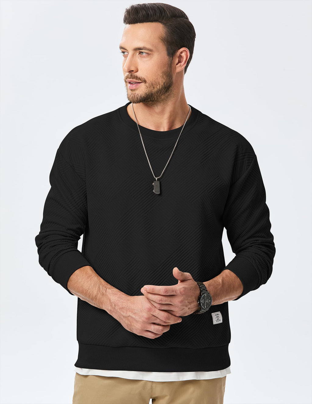 Dokotoo Men Men's Crewneck Sweatshirts Soild Color Geometric Texture Long Sleeve Casual Pullover Shirt