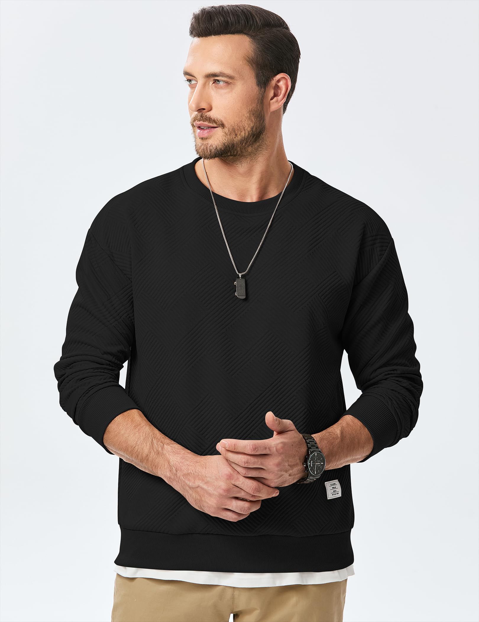 Dokotoo Men Men's Crewneck Sweatshirts Soild Color Geometric Texture Long Sleeve Casual Pullover Shirt