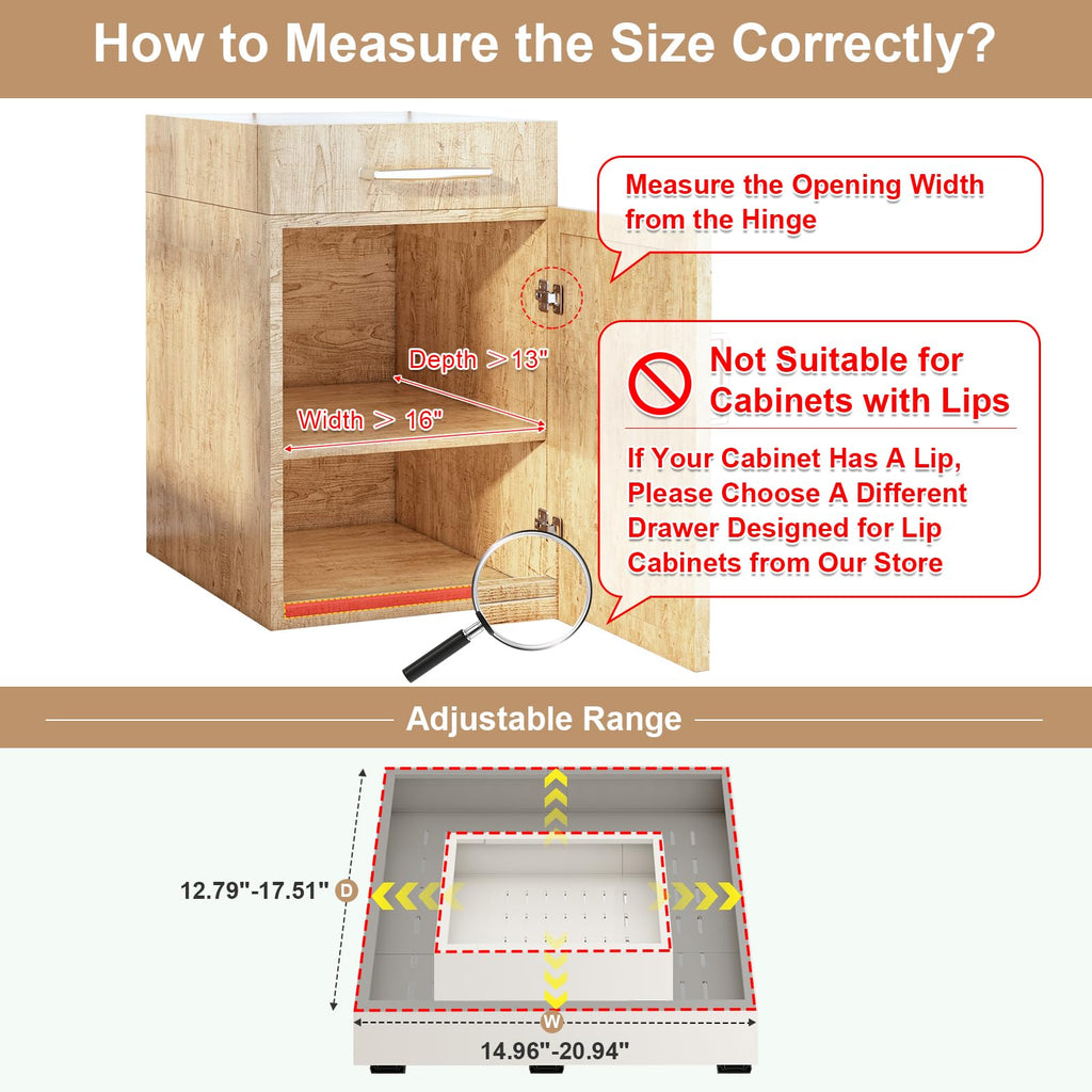 Pull out Cabinet Organizer,Width (11"-16") and Depth (17"-24") Expandable With 3 Rails,No Drill Adjustable Slide out Drawers for Kitchen,Pantry,Adhesive Roll out Shelves,for Cabinets without Lip,Black