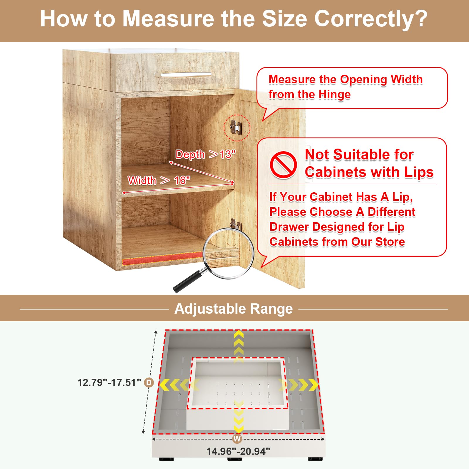 Pull out Cabinet Organizer,Width (11"-16") and Depth (17"-24") Expandable With 3 Rails,No Drill Adjustable Slide out Drawers for Kitchen,Pantry,Adhesive Roll out Shelves,for Cabinets without Lip,Black