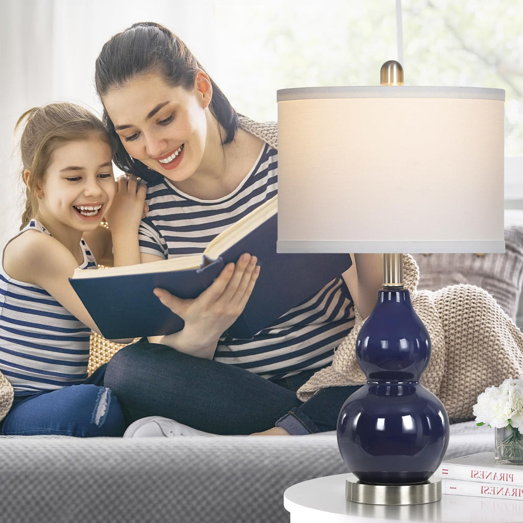Rinweey Double Gourd Ceramic Table Lamps Set of 2, Modern Blue Bedside Lamps for Night Stand, Contemporary Nightstand Lamps for Bedroom Living Room (Bulb Included)