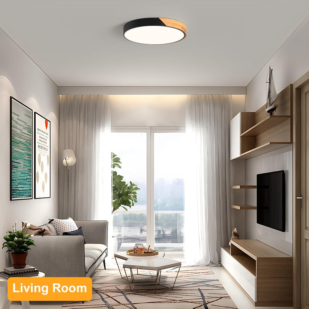 Modern LED Ceiling Light, Minimalist Wood Dimmable Flush Mount Ceiling Light Fixture, Round 5CCT Lighting Lamp with Acrylic Lampshade for Bedroom Hallway Kitchen Laundry, Black 11.8"