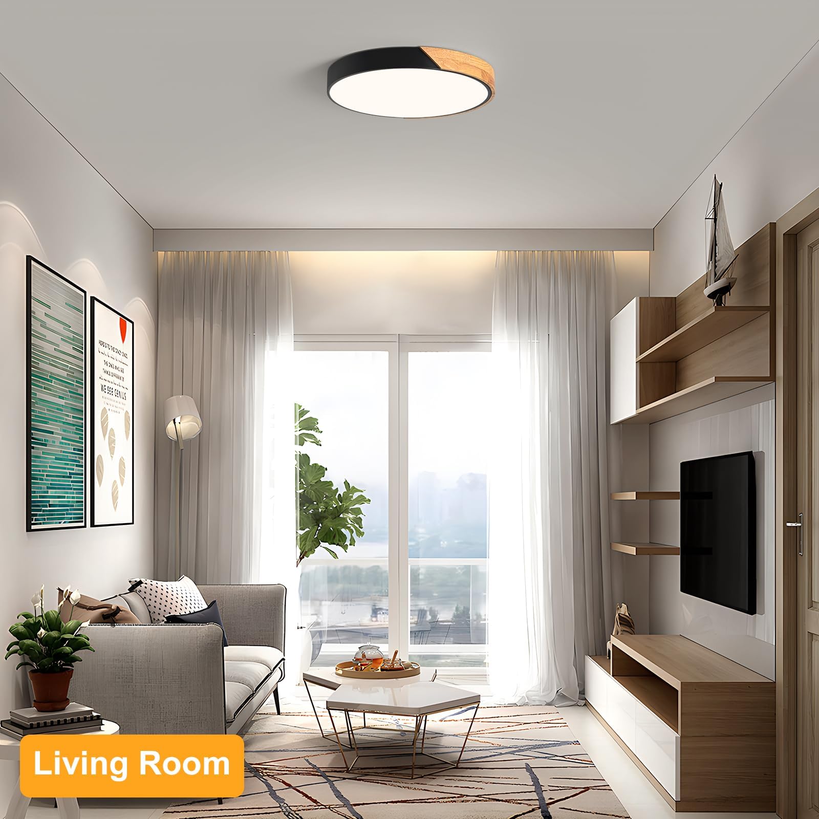 Modern LED Ceiling Light, Minimalist Wood Dimmable Flush Mount Ceiling Light Fixture, Round 5CCT Lighting Lamp with Acrylic Lampshade for Bedroom Hallway Kitchen Laundry, Black 11.8"