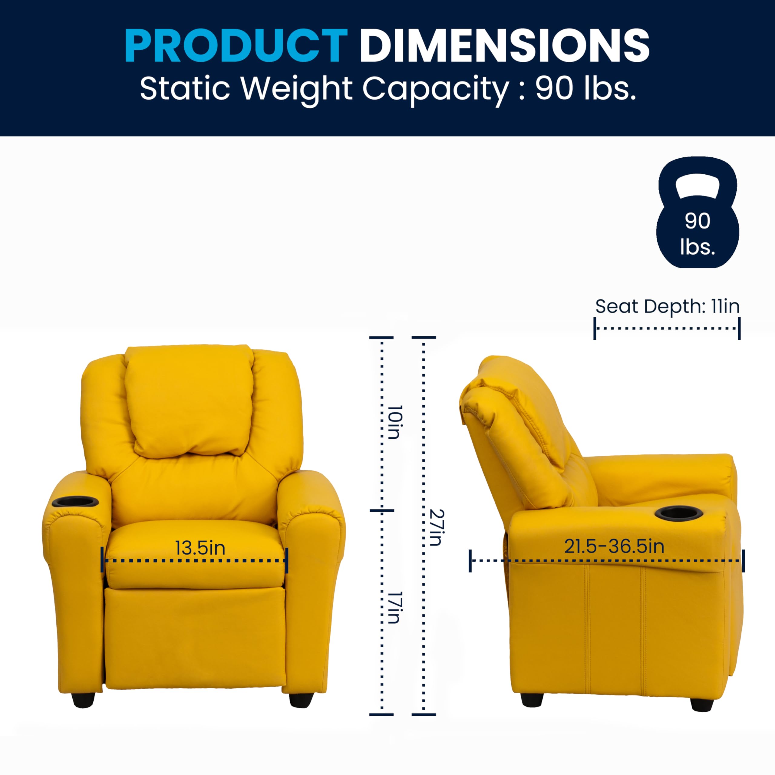 Flash Furniture Vana Vinyl Kids Recliner with Cup Holder, Headrest, and Safety Recline, Contemporary Reclining Chair for Kids, Supports up to 90 lbs., Beige