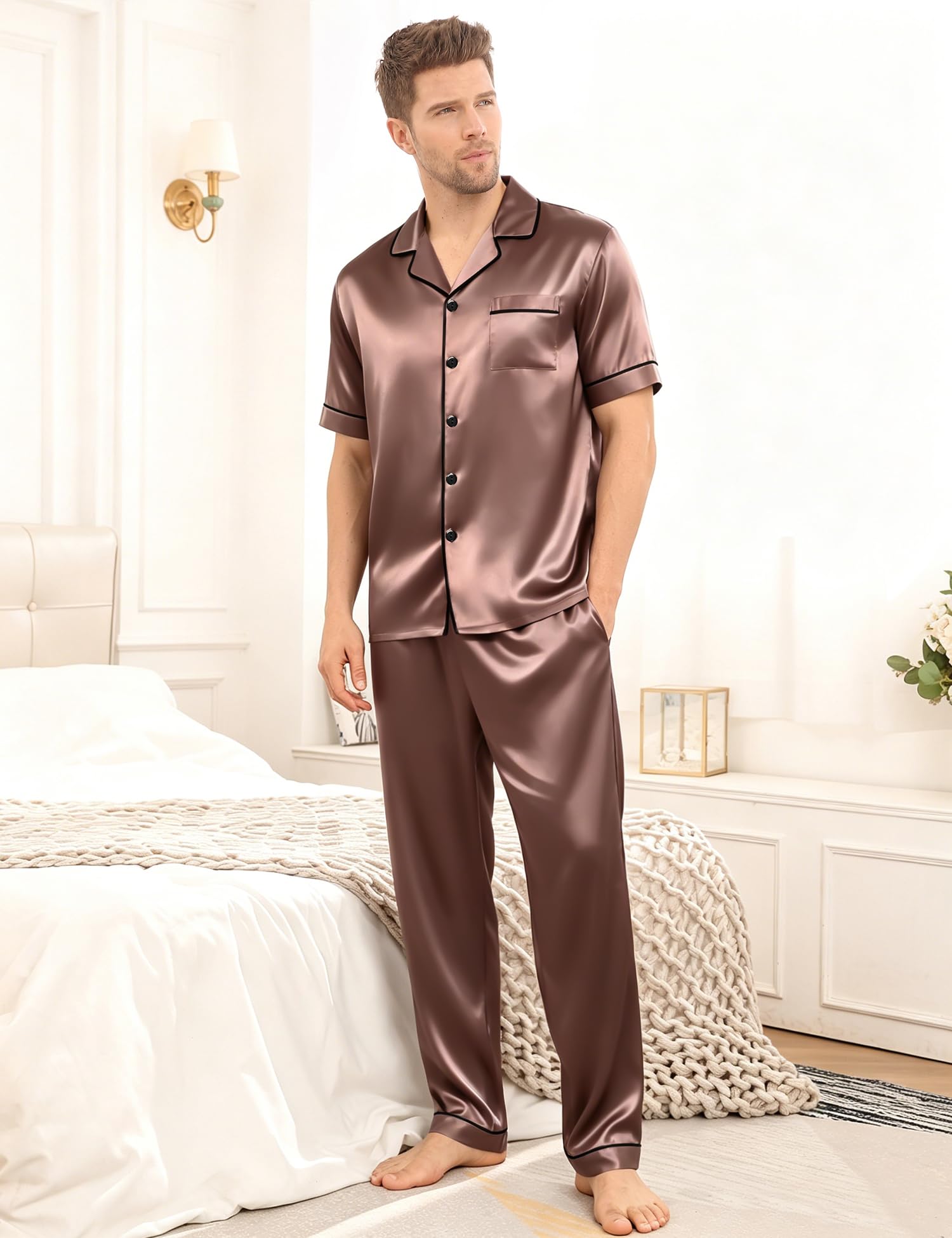 SWOMOG Mens Satin Pajama Set Short Sleeve Classic Sleepwear Button Down Silky Loungewear with Long Pants