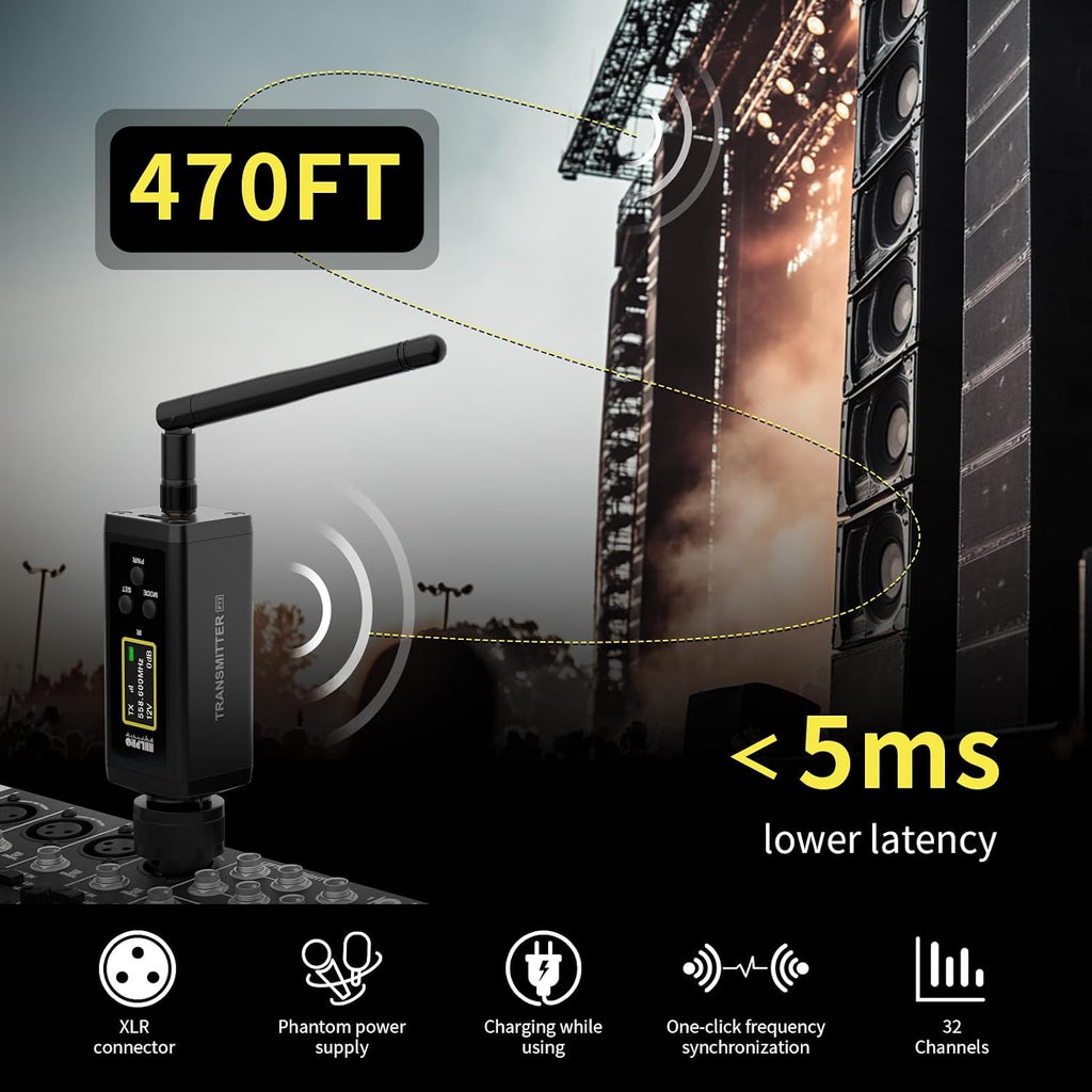 UHF Wireless XLR Transmitter and Receiver with Dual Antennas, 470ft Range, Auto Channel Scanning, Plug-on Wireless Mic Adapter for Audio Mixer, Sound Field Test, Acoustic Measurement, F30