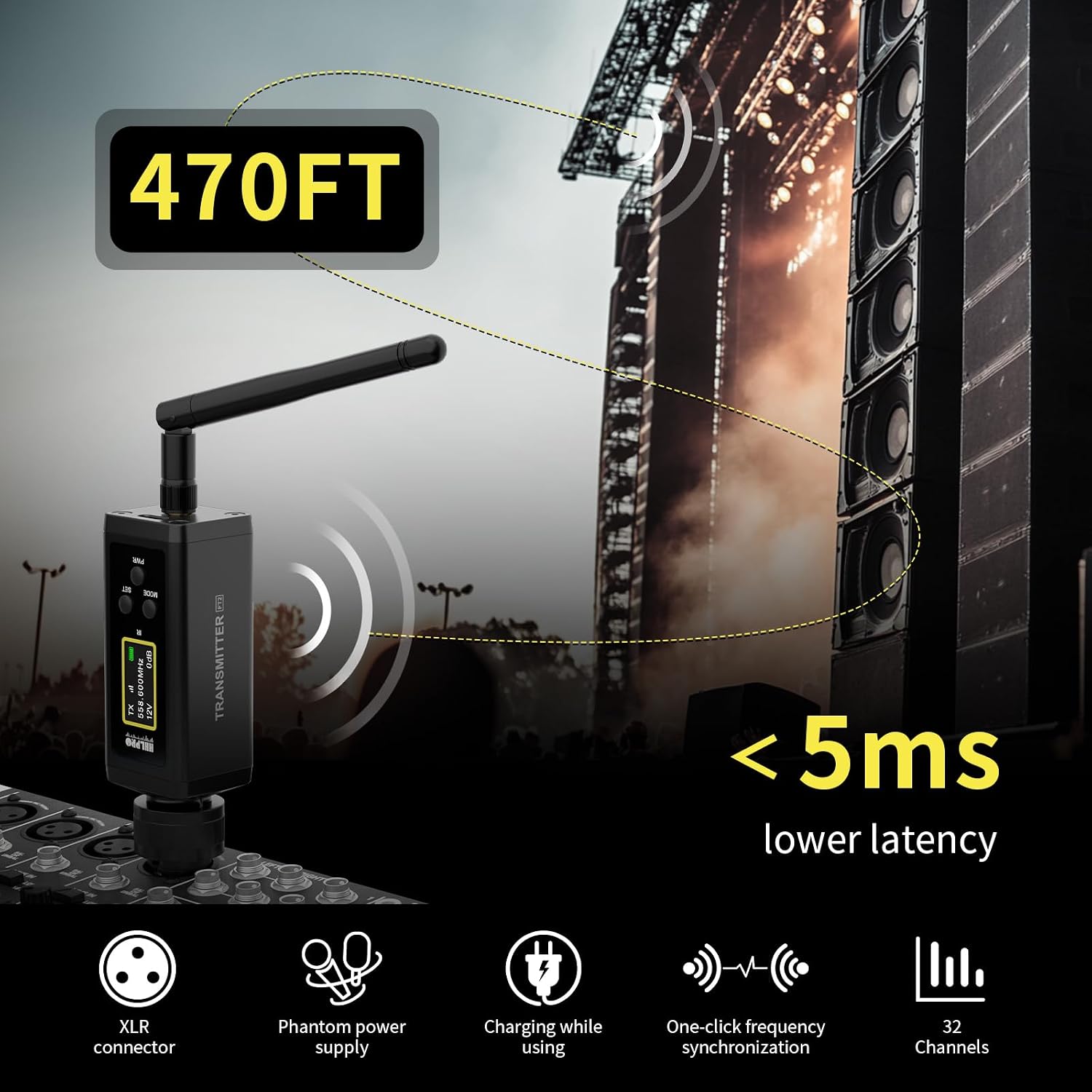 UHF Wireless XLR Transmitter and Receiver with Dual Antennas, 470ft Range, Auto Channel Scanning, Plug-on Wireless Mic Adapter for Audio Mixer, Sound Field Test, Acoustic Measurement, F30