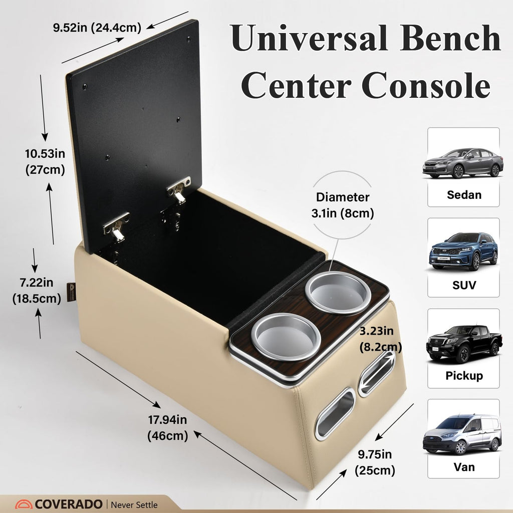 Coverado Car Center Console, Universal Rear Bench Seat Consoles, Truck Seat Organizer and Storage, Back Seat Car Organizer with Cup Holder, Large Storage Box, Central Armrest Box (Regular, Beige)