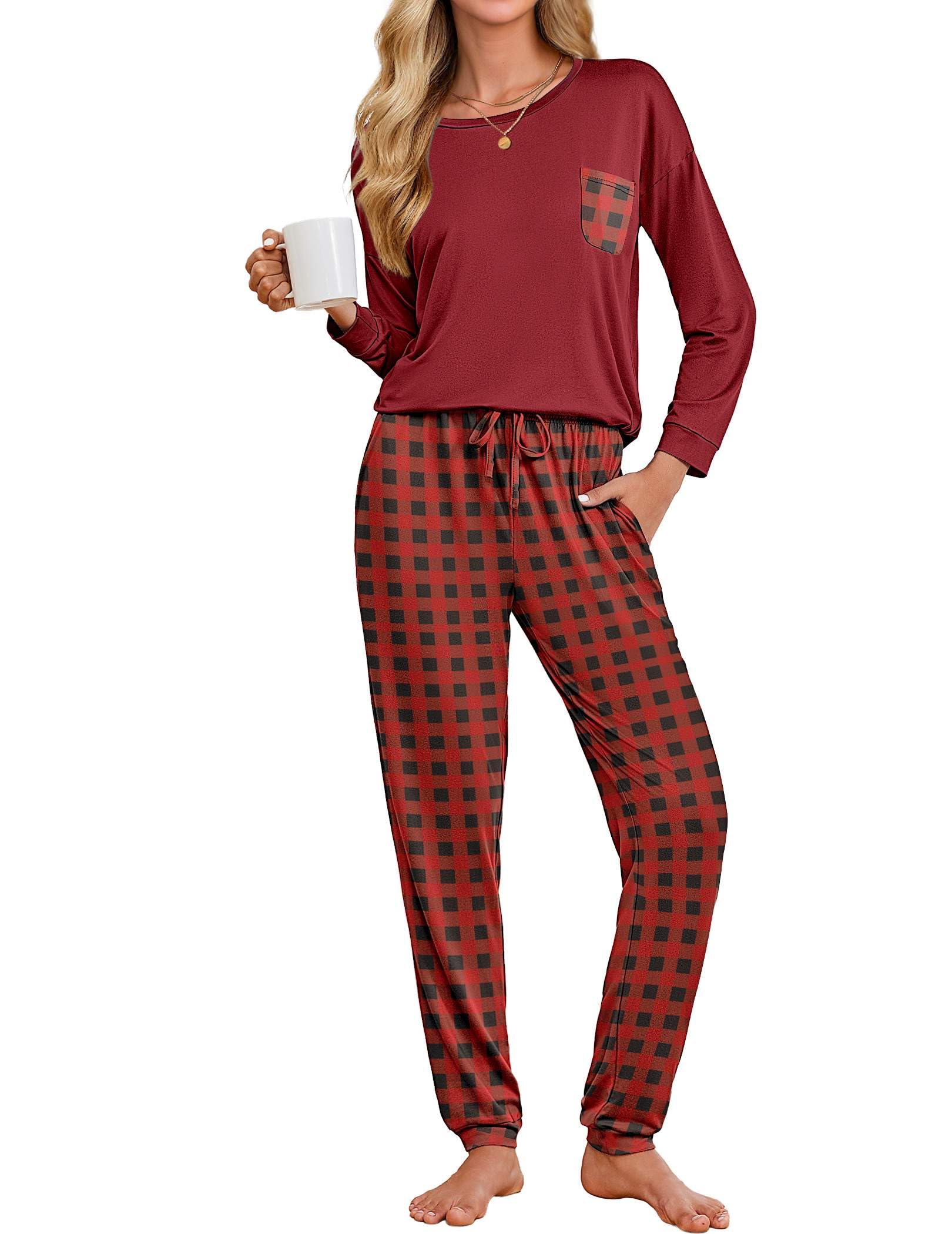 Ekouaer Womens Pajamas Set Long Sleeve Christmas PJ Sets Soft Lounge Set for Women Sleepwear Joggers with Pockets