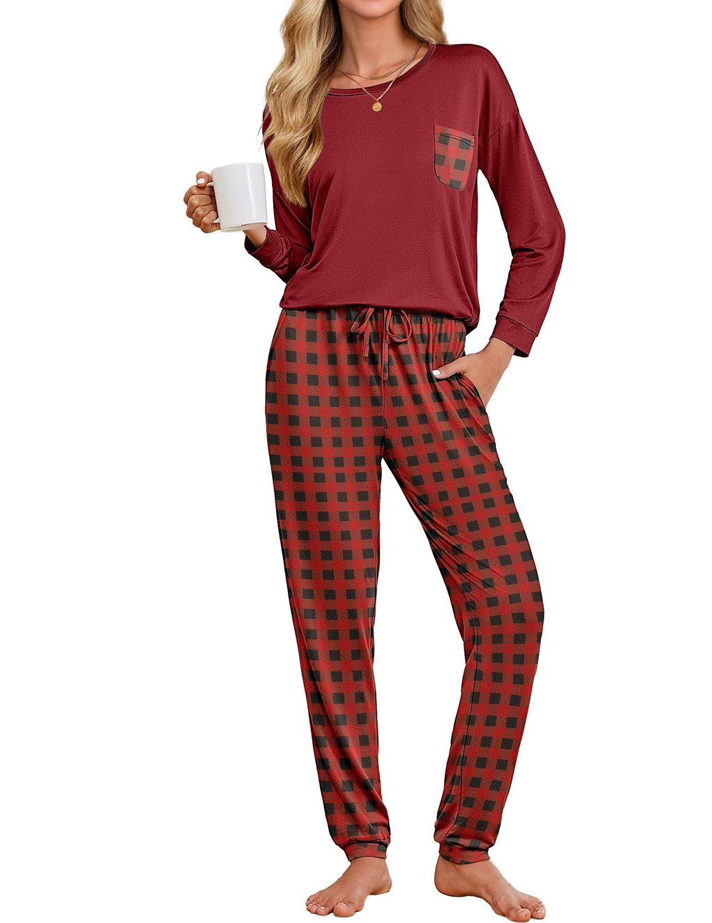 Ekouaer Womens Pajamas Set Long Sleeve Christmas PJ Sets Soft Lounge Set for Women Sleepwear Joggers with Pockets