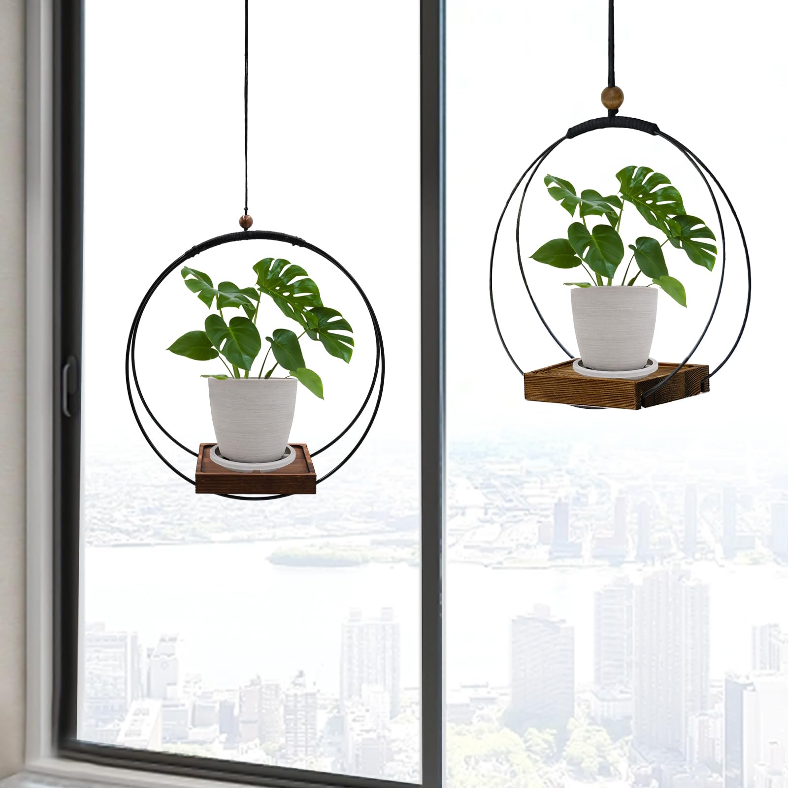 Hanging Planter for Indoor Plants, Black Plant Hanger Indoor with Sturdy Wood Base, Modern Boho Macrame Plant Hanger for 3-5.5 Inch Pot, Hanging Wall Ceiling Window Home Decor (Pots Not Included)