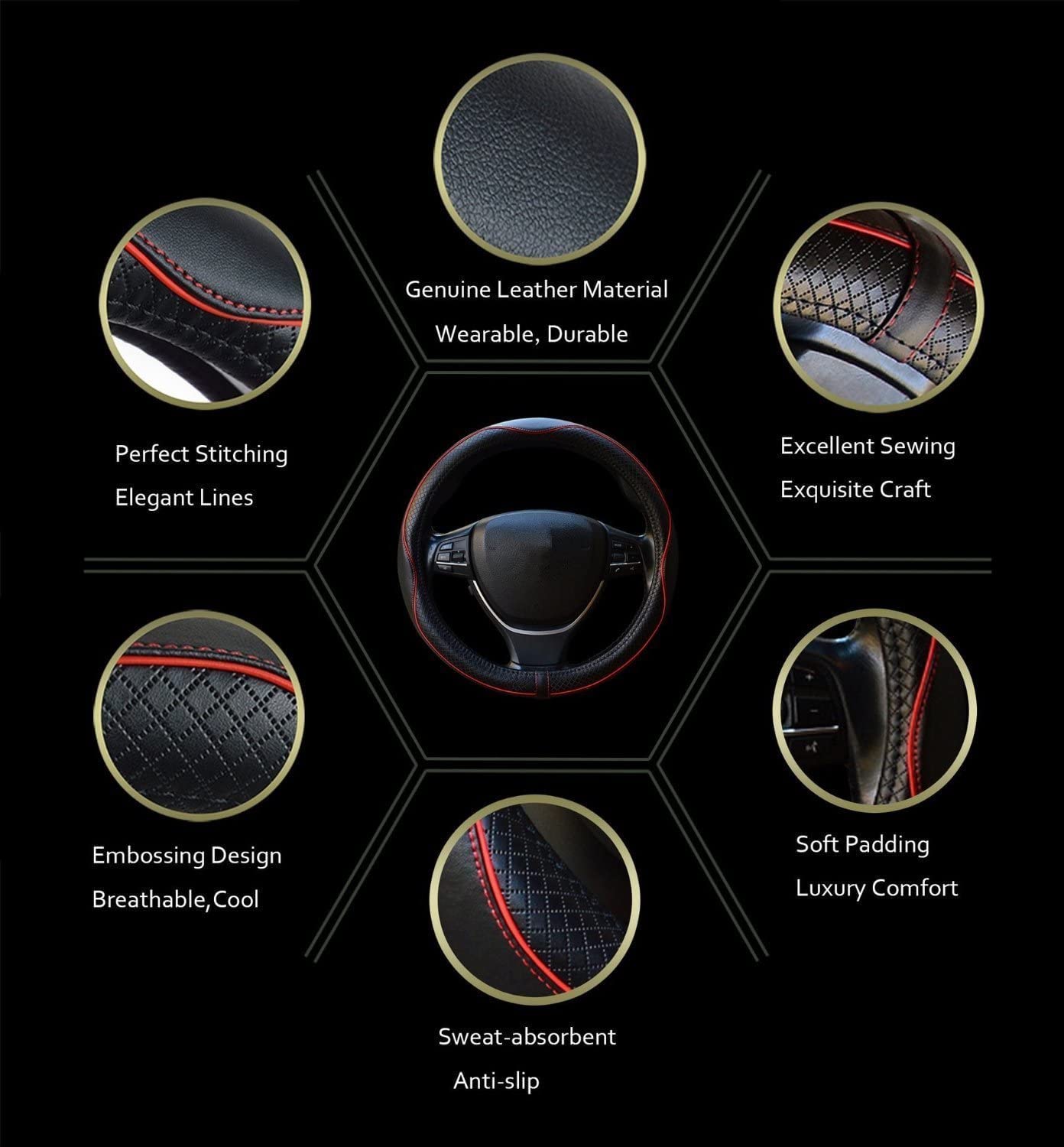 Car Steering Wheel Cover, Anti-Slip, Safety, Soft, Breathable, Heavy Duty, Thick, Full Surround, Sports Style (Black)