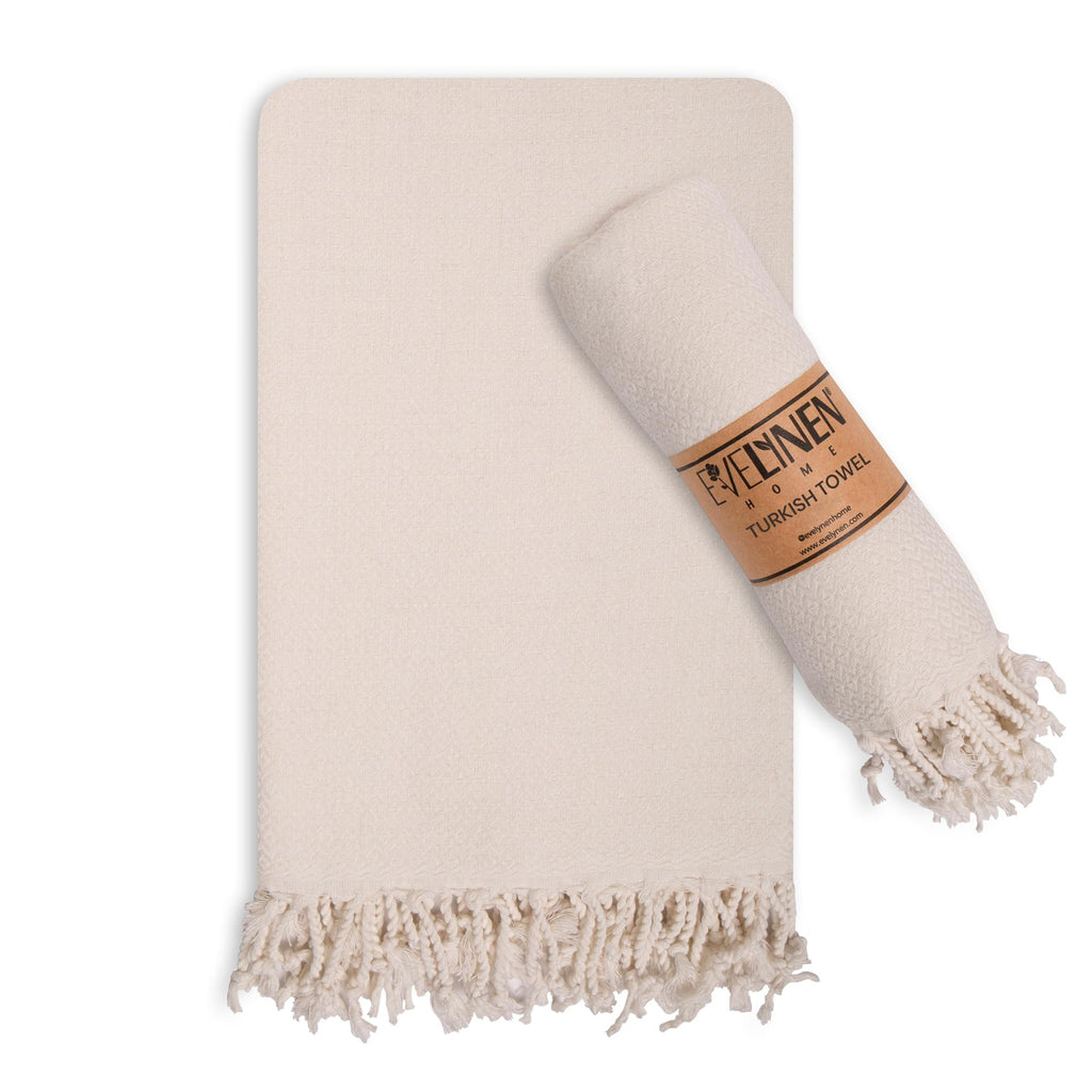 Evelynen Turkish Hand Towels for Bathroom & Kitchen Towels Decorative Set of 2 | Boho Farmhouse Hand Towels with Hanging Loops for Face, Tea, Dish, Kitchen & Bath | %100 Cotton (16" x 32" - Beige)