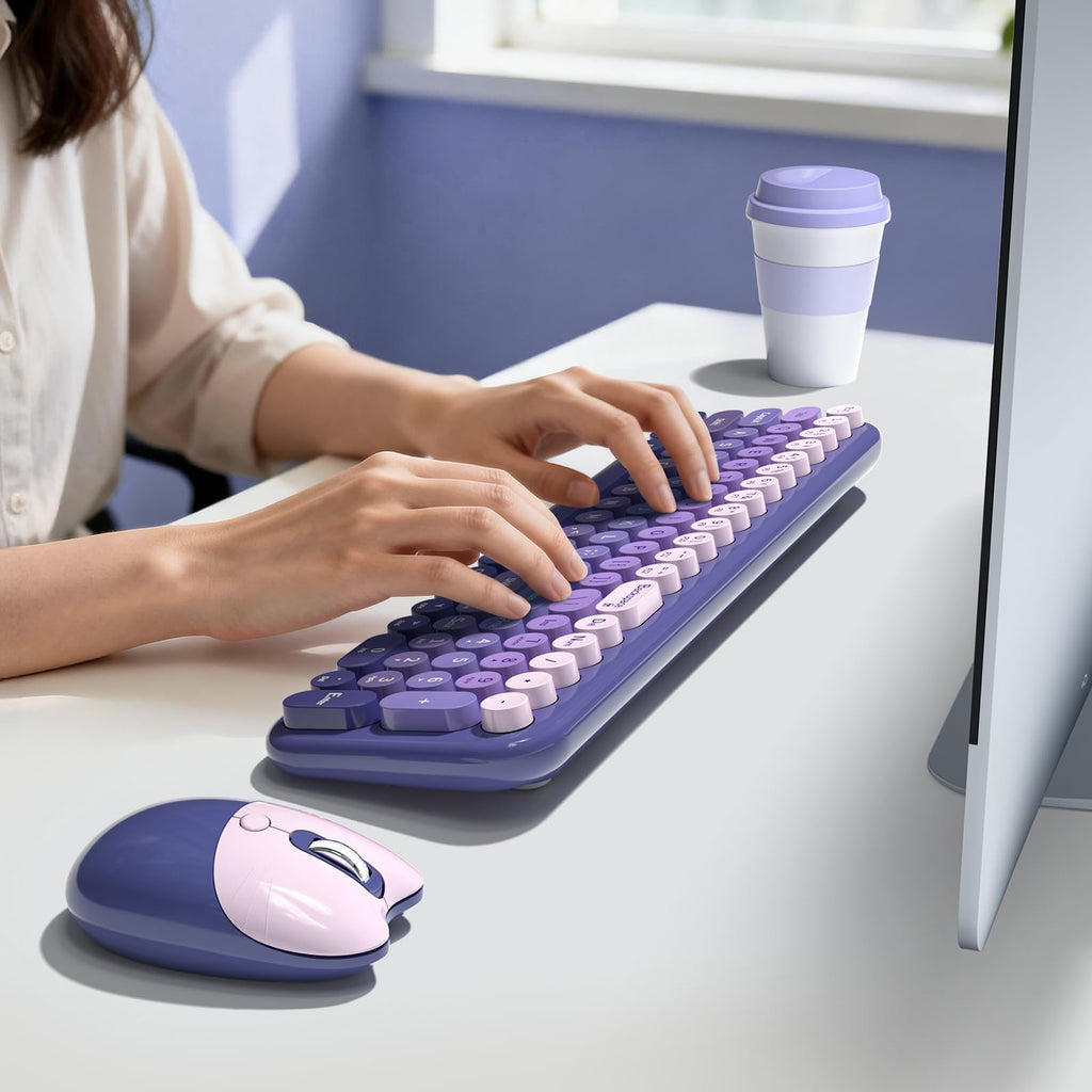 MOFII Wireless Keyboard and Mouse Combo, Compact Typewriter Retro Round Computer Keyboard and Mouse Set, Plug and Play, for Windows, Computer, Desktop, PC, Notebook - Black Green Gradient