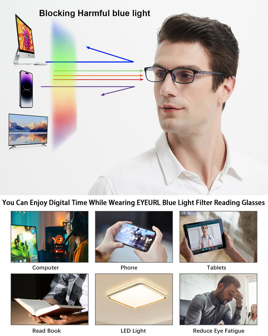 EYEURL Reading Glasses for Women Men Blue Light Blocking, 0.00 Anti Eye Strain Computer Readers, TR90 Ultra Lightweight Rectangle Frame Eyeglasses