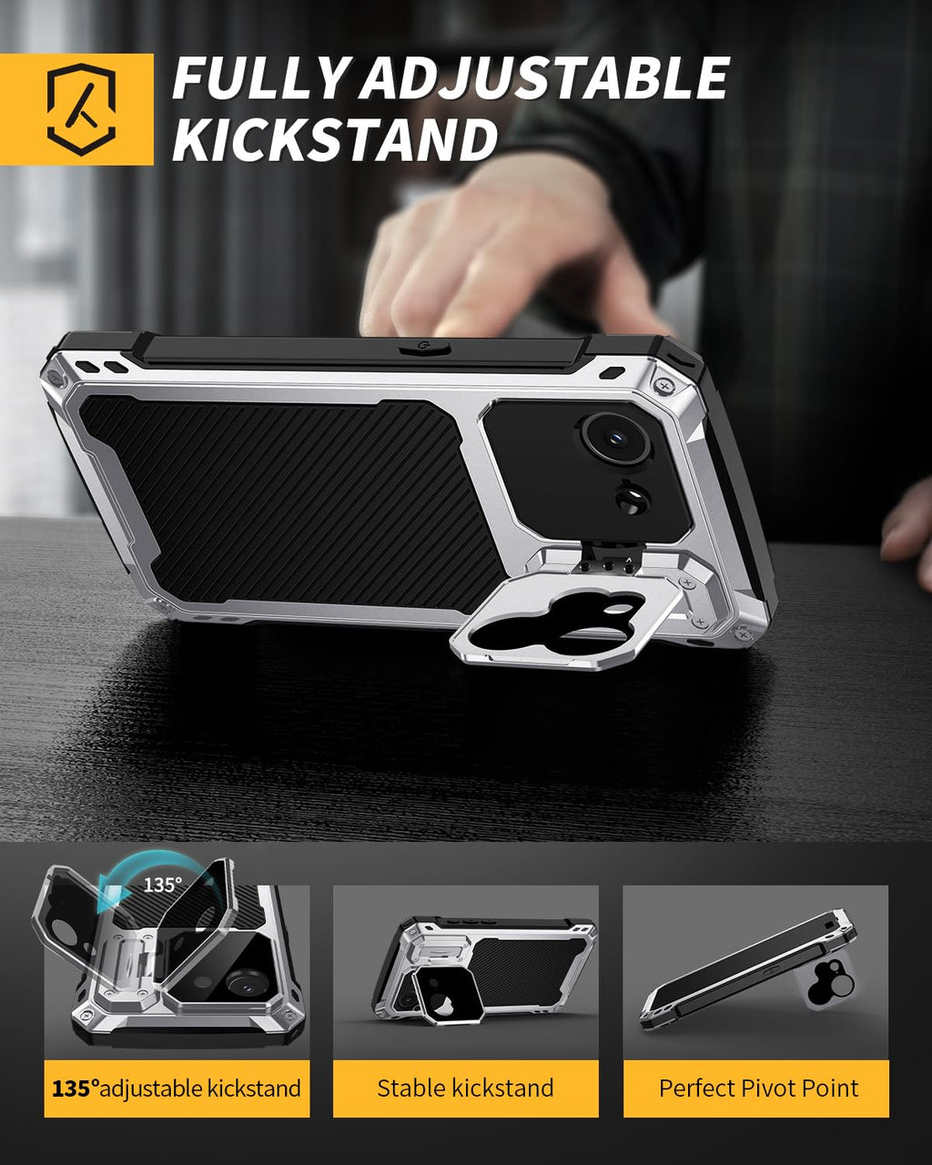 Lanhiem for iPhone 16 Metal Case with Camera Cover & Stand [Compatible with MagSafe] [Built-in Kickstand] [Military-Grade Protection] Heavy Duty Rugged Magnetic Phone Case, Black