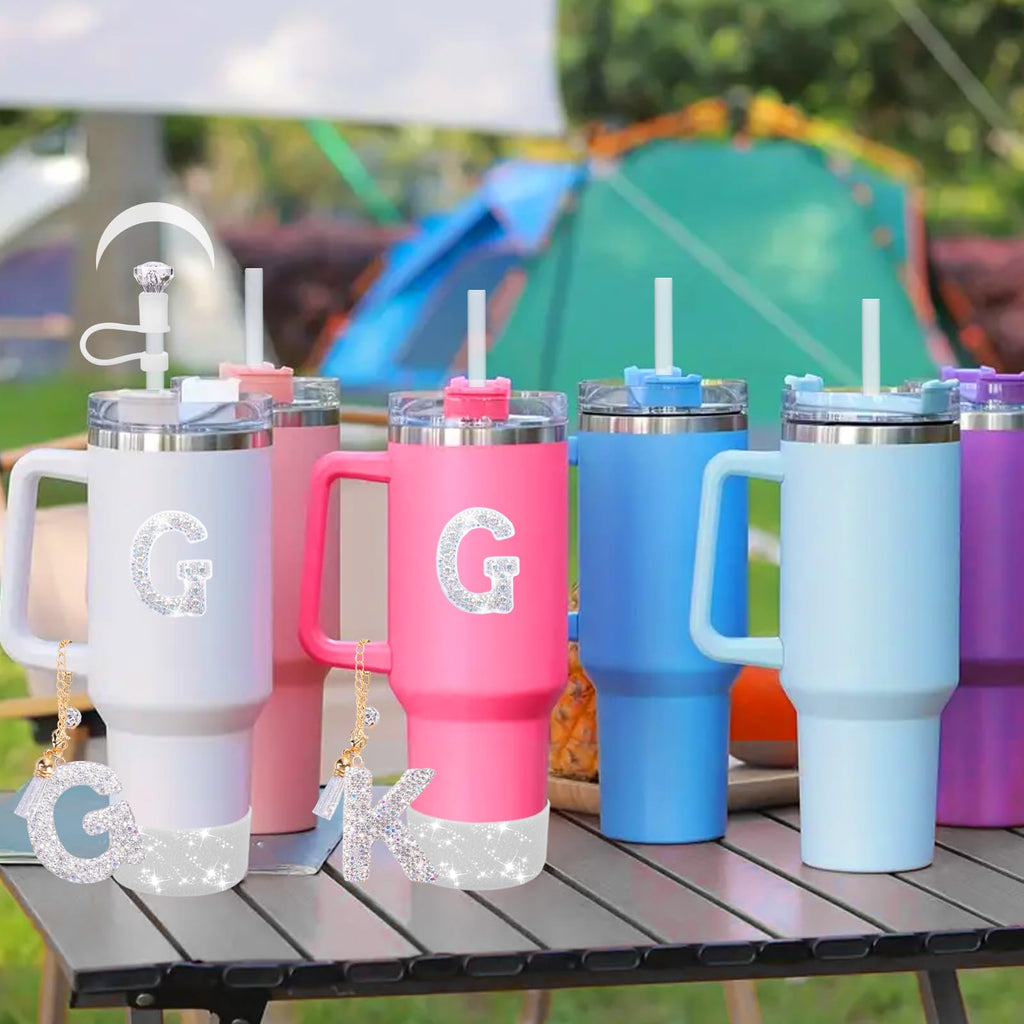 Mity rain Accessories Set for Stanley Cup, Initials Decorations for Tumbler Cup 30/40OZ, Including Diamond Straw Topper/Spill Proof Stopper/Sparkly Silicone Boot Set/Letter Charms for Handle A-Z (A-)