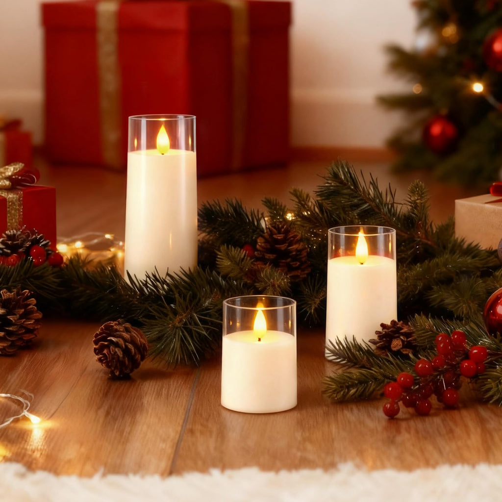 Raycare Flameless Candles Battery Operated with Remote Timer, Acrylic Flickering LED Pillar Candle for Christmas, Wedding, Home Decor, Gift for Family and Friend, White, Set of3