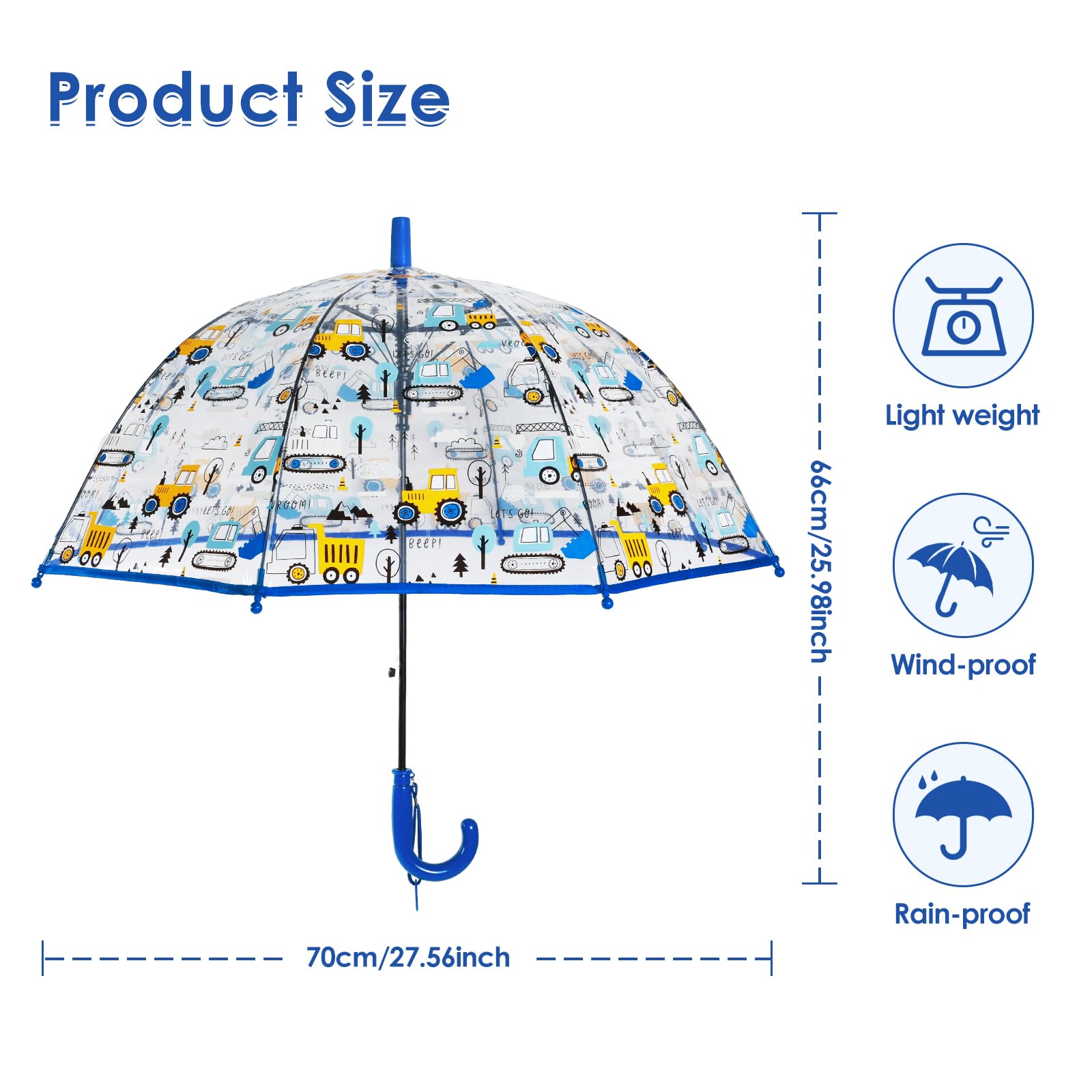 decalsweet Kids Umbrella Clear Bubble Umbrellas for Rain,Transparent Dome Safety Windproof Umbrella with Easy-Grip Hook Handle for Toddler Girls and Boys