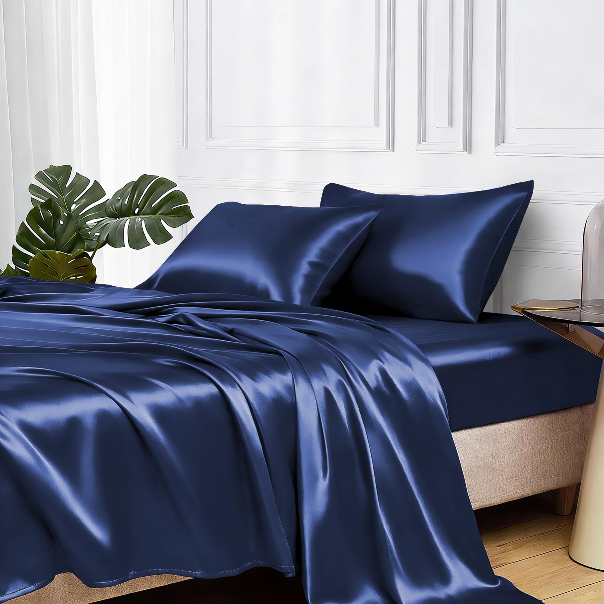 MR&HM Satin Sheets with Elastic Corner Straps, Twin Size 3-Piece Silky Bedding Set, Deep Pocket 15 Inches, Good for Hair & Skin (Twin, Black)