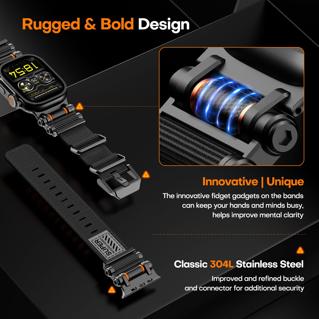 TAURI Nylon for Apple Watch Bands SE/Series 9/8/7/6/5/4 44/45mm, Rugged Nylon Braided Strap & Stainless Steel Connector – iWatch 44mm/45mm Adjustable Woven Band for Men Women, All Black