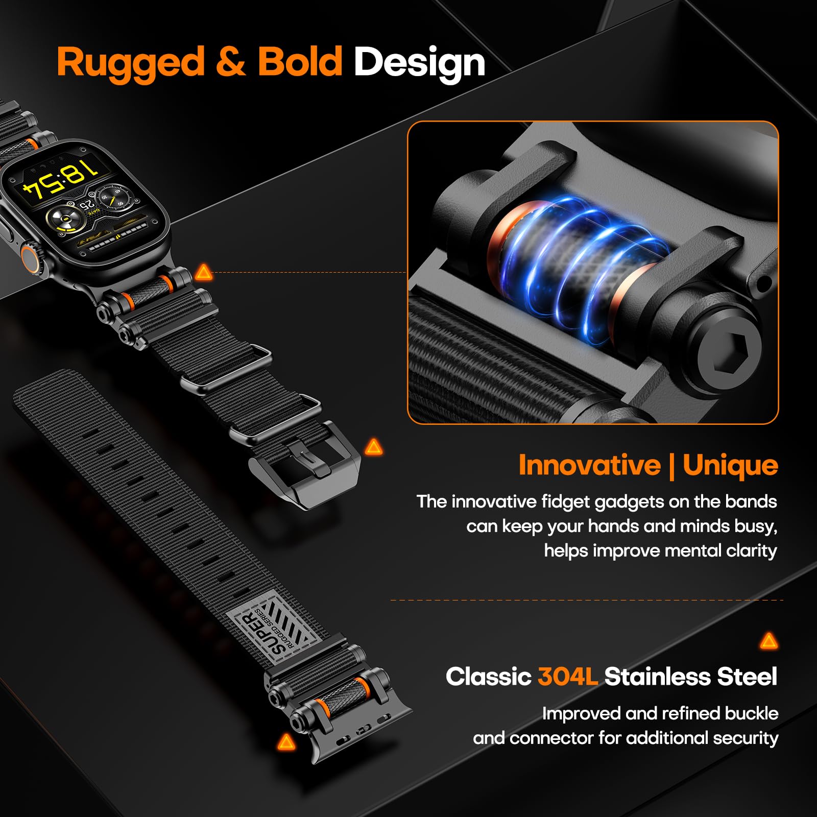TAURI Nylon for Apple Watch Bands SE/Series 9/8/7/6/5/4 44/45mm, Rugged Nylon Braided Strap & Stainless Steel Connector – iWatch 44mm/45mm Adjustable Woven Band for Men Women, All Black