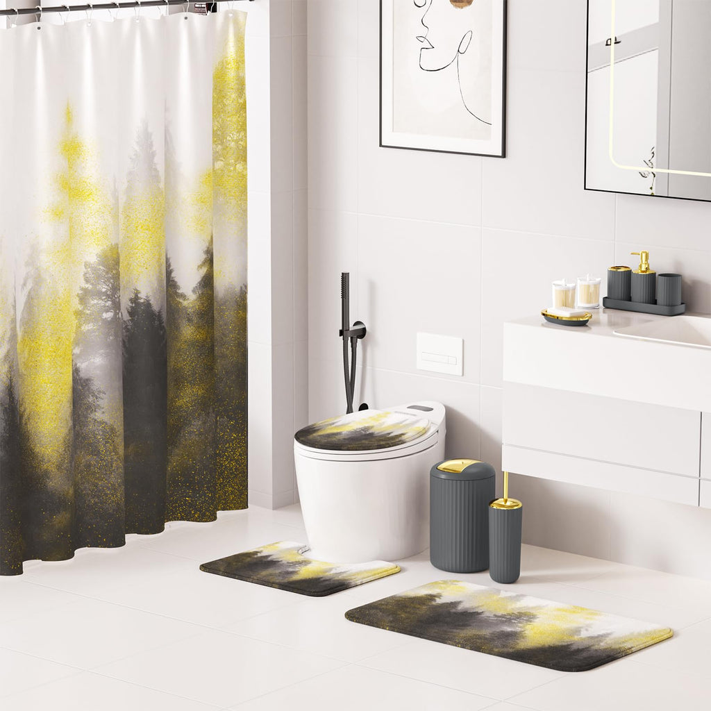 XLHOMO 24 PCS Black Bathroom Accessories Set with Shower Curtain and Rugs, Bathroom Decor Set with Trash Can, Toilet Brush, Soap Dispenser, Toothbrush Holder, Tumbler, Soap Dish and Jars