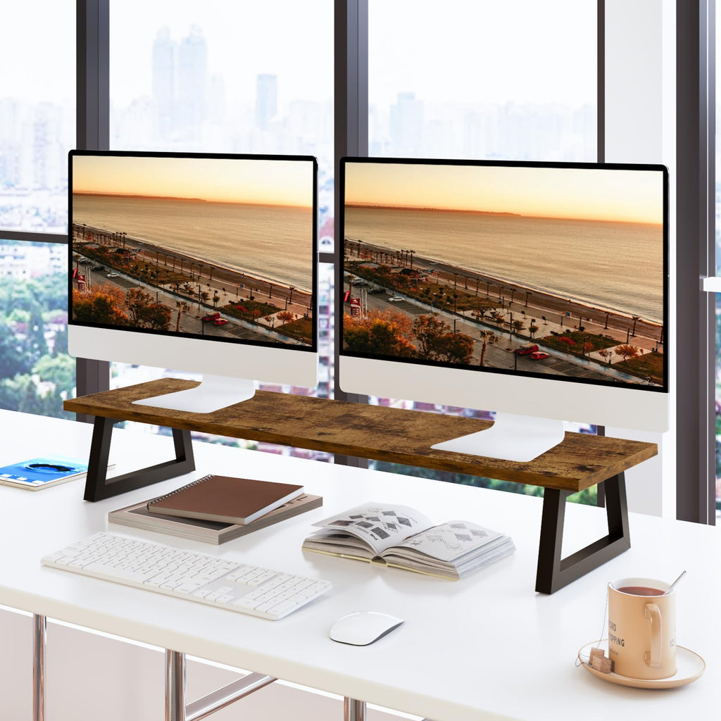 TEAMIX 31.5 inch Dual Monitor Riser, Long Black Monitor Stand Riser Wide TV Stand Riser Monitor Stand for 2 Monitors Wood & Steel Desktop Riser Desk Organization Home Office