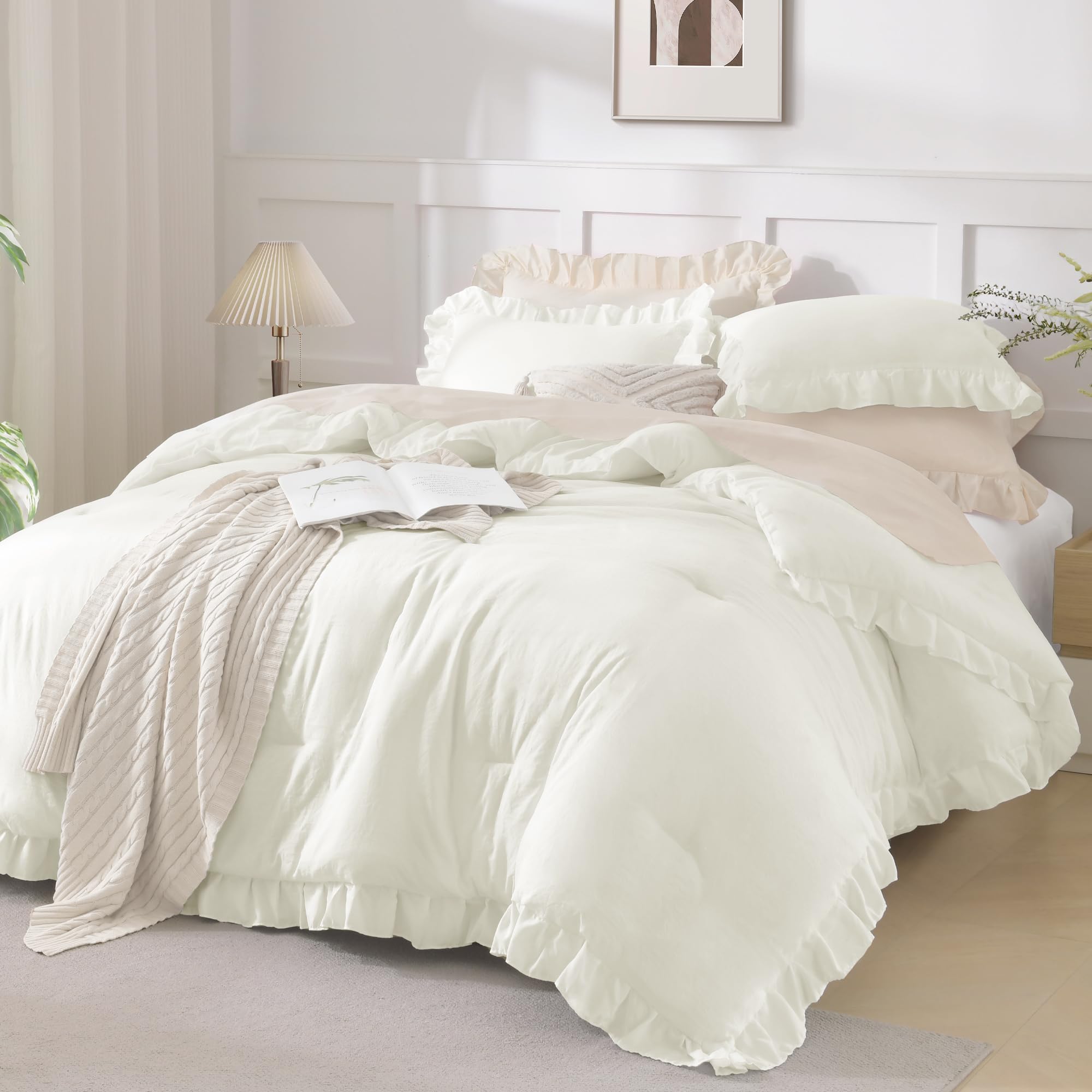 Andency Beige Twin Size Ruffle Comforter, 2 Pieces Farmhouse Shabby Classic Bed Set for Kids, Lighteweight Soft Polyester Bedding Set for Girls(1 Ruffle Comforter and 1 Pillowcase)