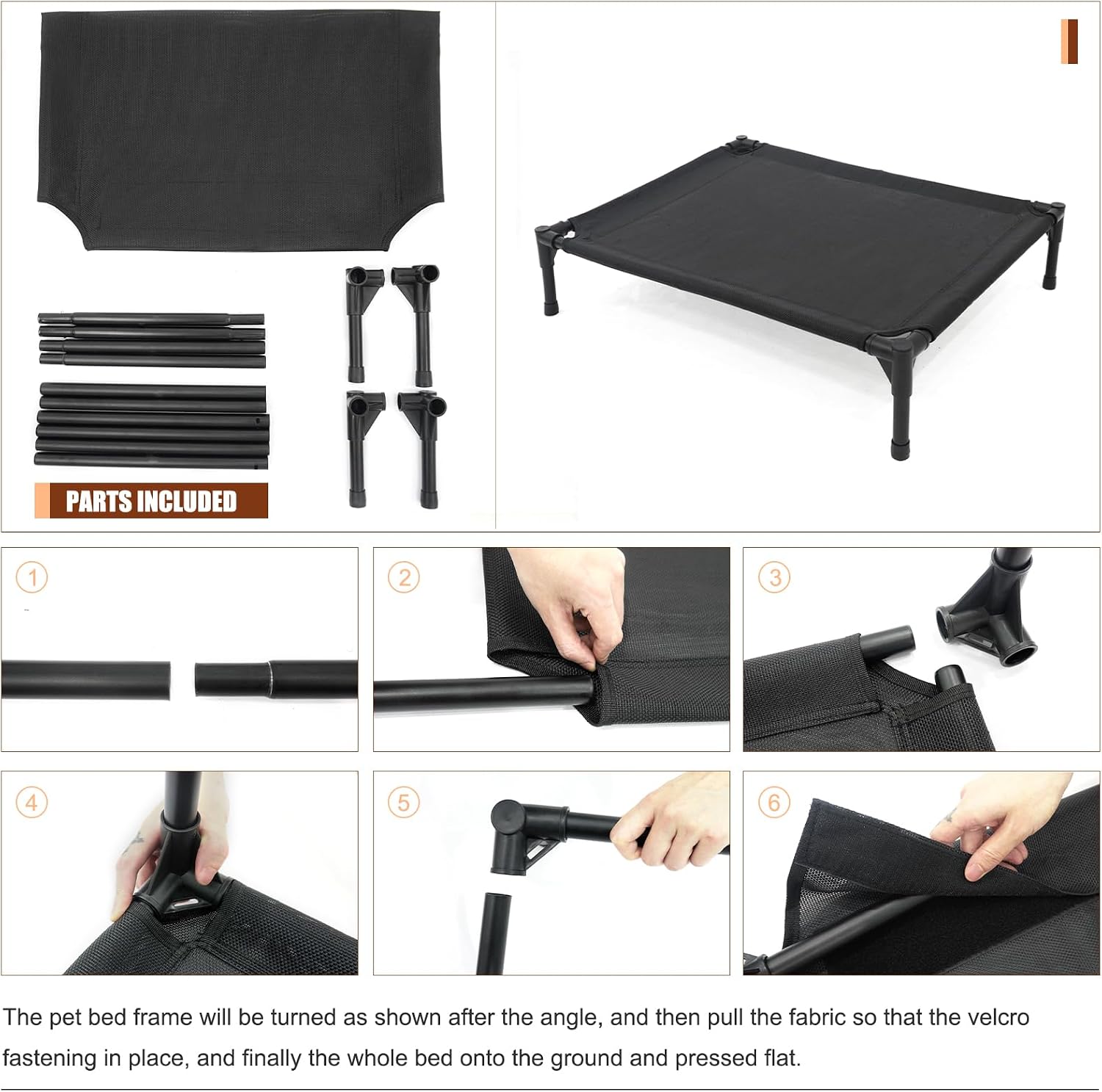 Garnpet Elevated Dog Bed for Large Dogs, Raised Dog Cot Fits Up to 120 LBs, Heavy Duty Pet Cots with Durable Supportive Teslin Recyclable Washable Mesh, Indoor & Outdoor Pet Bed, Black