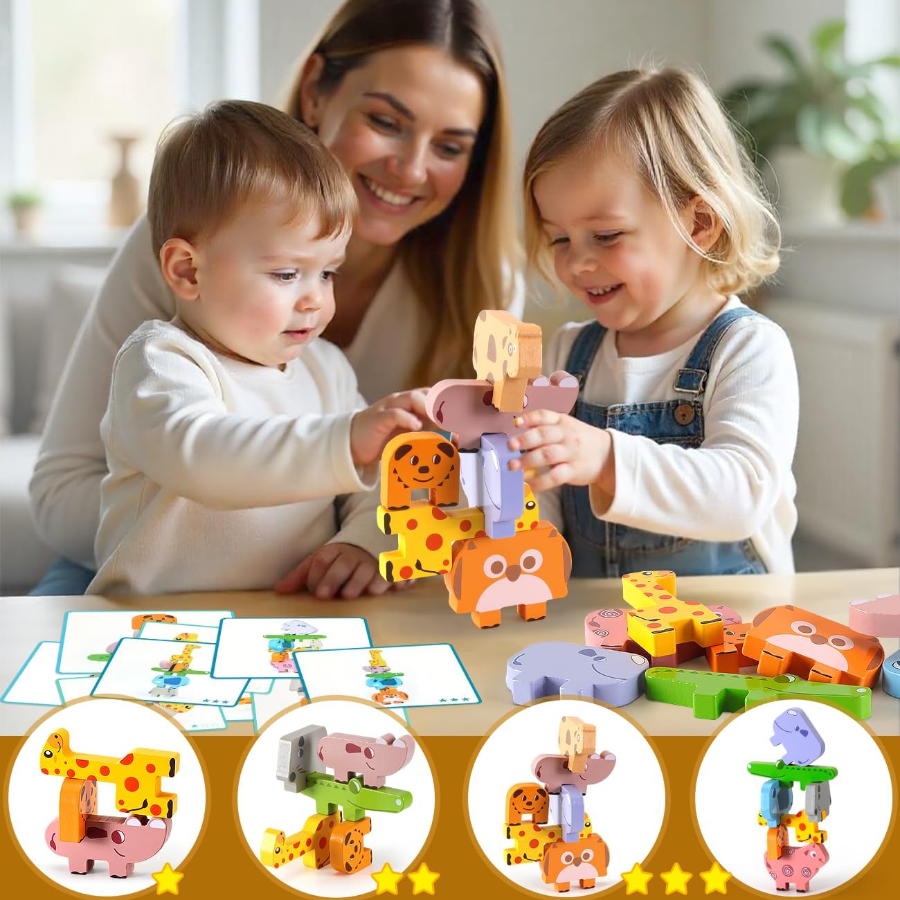 Montessori Toys for 2 3 4 Year Old Girls & Boys, Wooden Animal Stacking Blocks for Toddlers 1-3, Building Blocks Game Stacking Toys Ages 2-4 Toddler Birthday Gifts