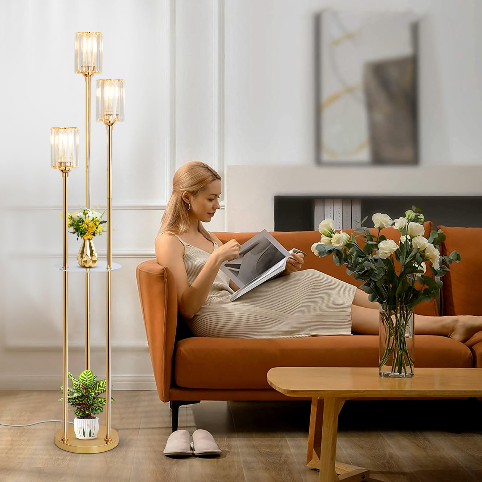 HMVPL Gold Floor Lamps for Living Room, Modern Floor Lamp with Shelves, Crystal Standing Lamps with Table, Brass Tall Lamp with Crystal Shade, On/Off Switch, Mid Century Corner Floor Lamp for Bedroom