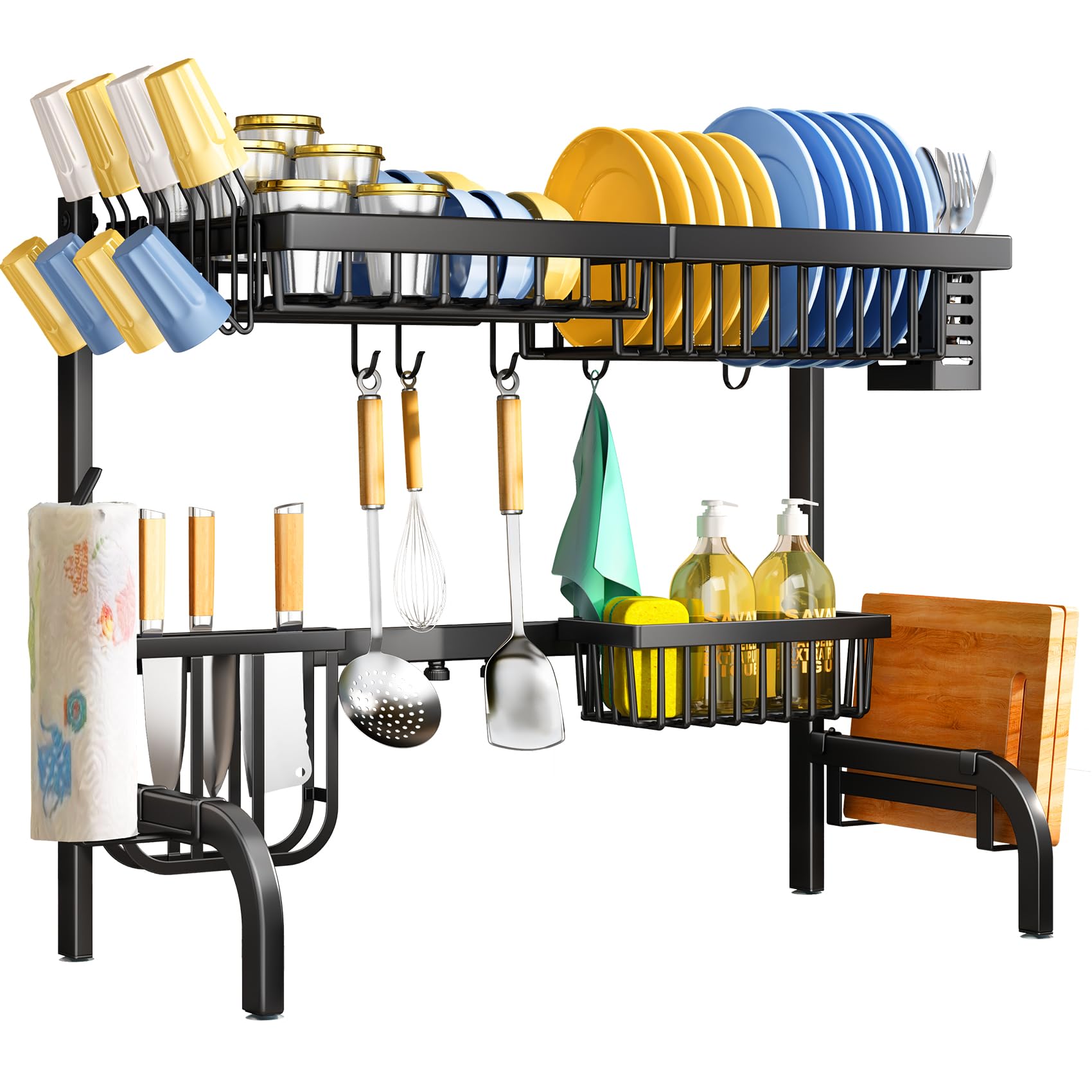 SAYZH Over the Sink Dish Drying Rack, Adjustable (25.5 to 33.5 inch) 2 Tier Metal Steel Dish Drying Racks for Kitchen Counter with Hooks Paper Towel Utensil Cup Holder Sink Caddy (Black)