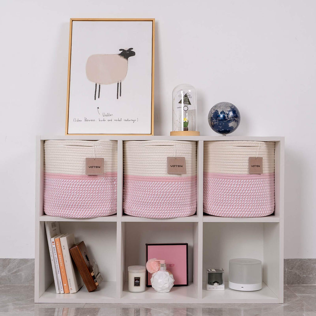 voten Cube Storage Baksets Bins 11x11’’ Fit 12x12’’ Organizer Bookcases Shelving,Stylish&Durable Woven Cotton Basket Containers for Organizing 3-Pack Off White/Mixed Camel