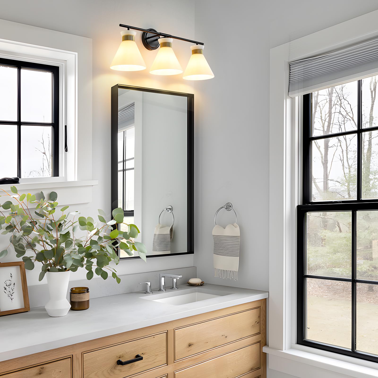 WOSHITU Gold Bathroom Light Fixtures: Modern Vanity Lighting Fixtures 2 Lights for Bathroom Mid Century Vanity Light Sconces Over Mirror with Frosted Milky Glass for Bath Bedroom Makeup