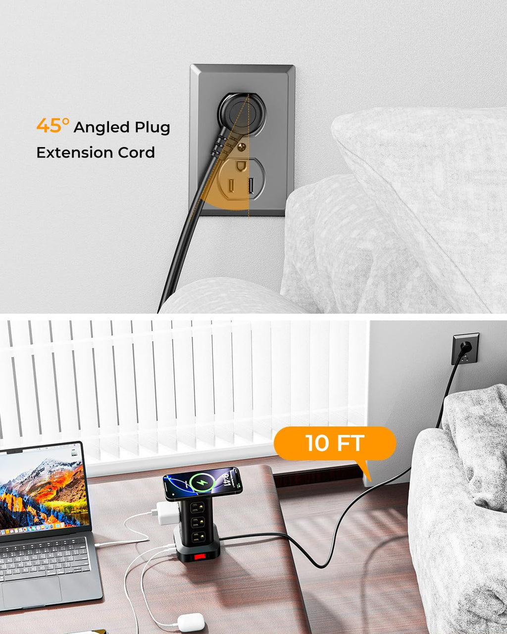 Tower Surge Protector Power Strip with 12 Outlets 4 USB (1 USB C), 6.5Feet Extension Cord with Multiple Outlets, Charging Station, Power Strip Tower, Office Desk Supplies