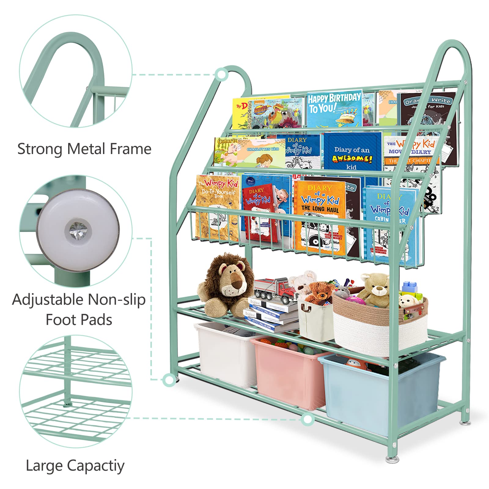 aboxoo Metal Kids Bookshelf Black Large Freestanding for Children Room 32 in Toy Organizer Large Stable Bookcase Bookstore Library Book Unit Storage Kids Bed Living Room