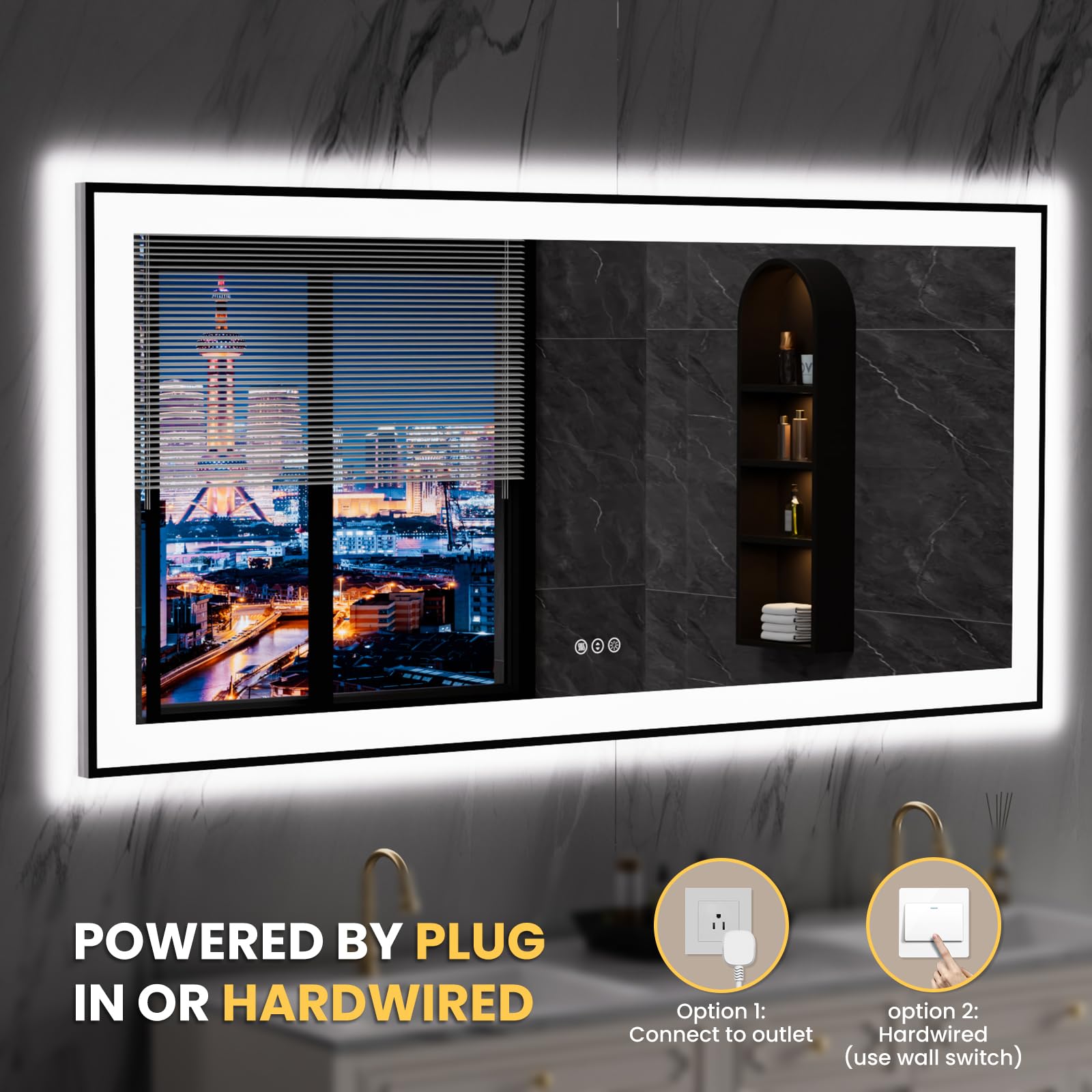 LOAAO 20"X28" LED Bathroom Mirror Black Framed | Anti-Fog, Dimmable, Memory Function, Tempered Glass, Lighted Vanity Mirror for Wall