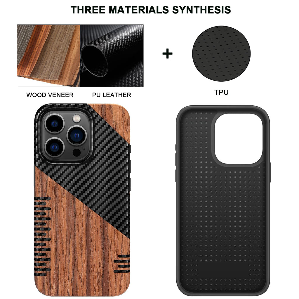 TENDLIN Compatible with iPhone 15 Case Wood Grain with Carbon Fiber Texture Design Leather Hybrid Slim Case (Black)