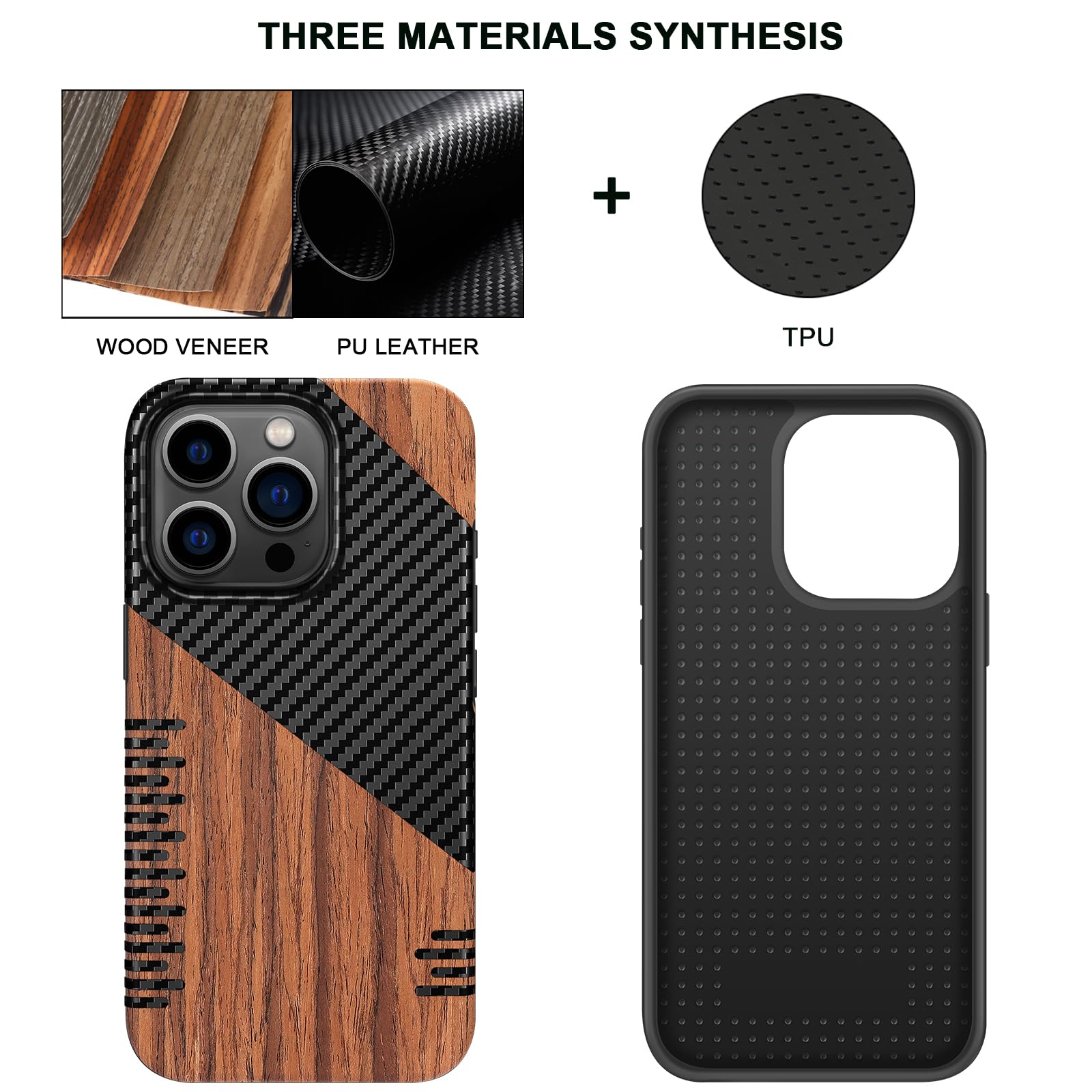 TENDLIN Compatible with iPhone 15 Case Wood Grain with Carbon Fiber Texture Design Leather Hybrid Slim Case (Black)